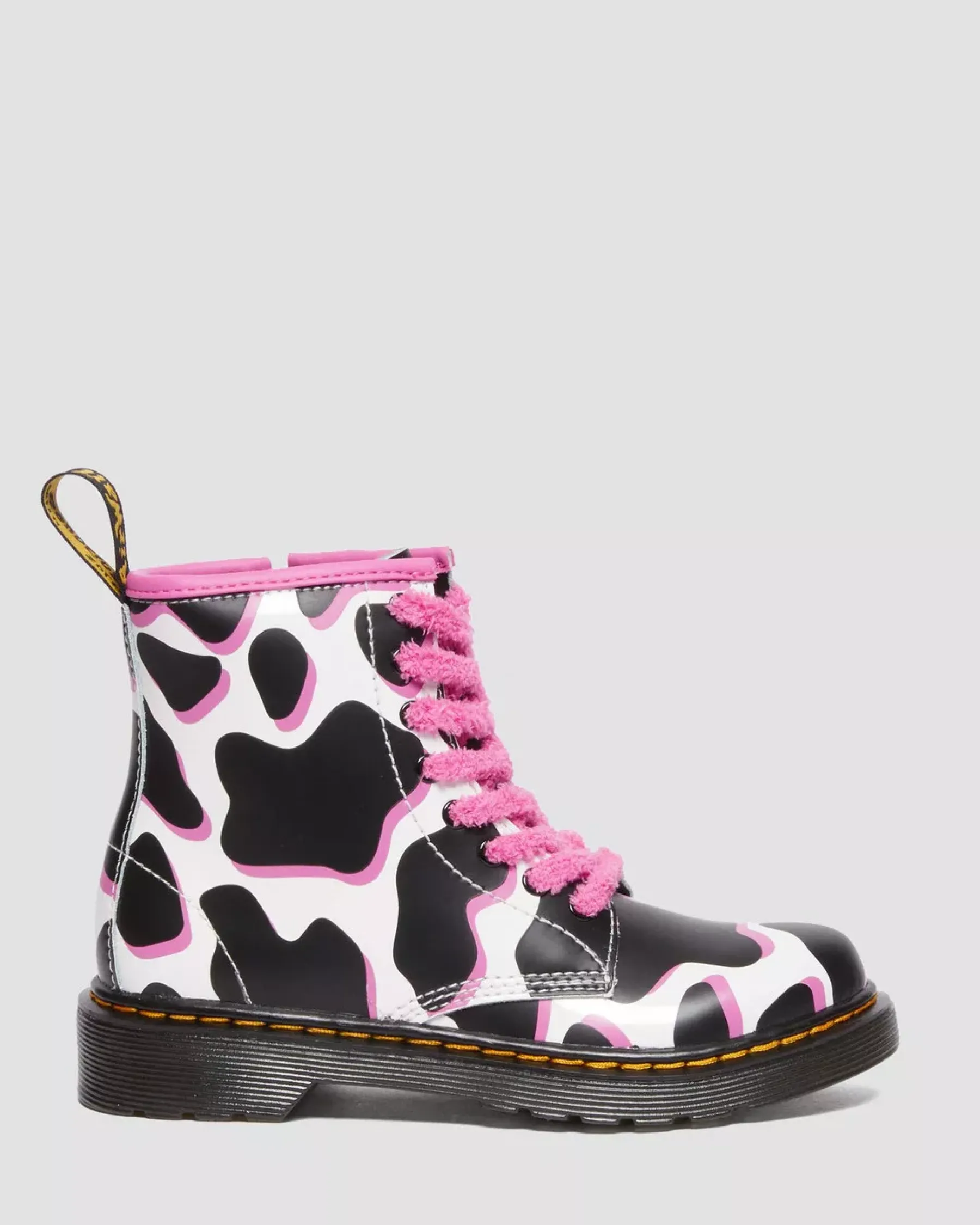 Sale|Glitter & Patent Boots>Dr. Martens Junior 1460 Cow Print Patent Leather Lace Up Boots WHITE — Cow Print Patent Lamper