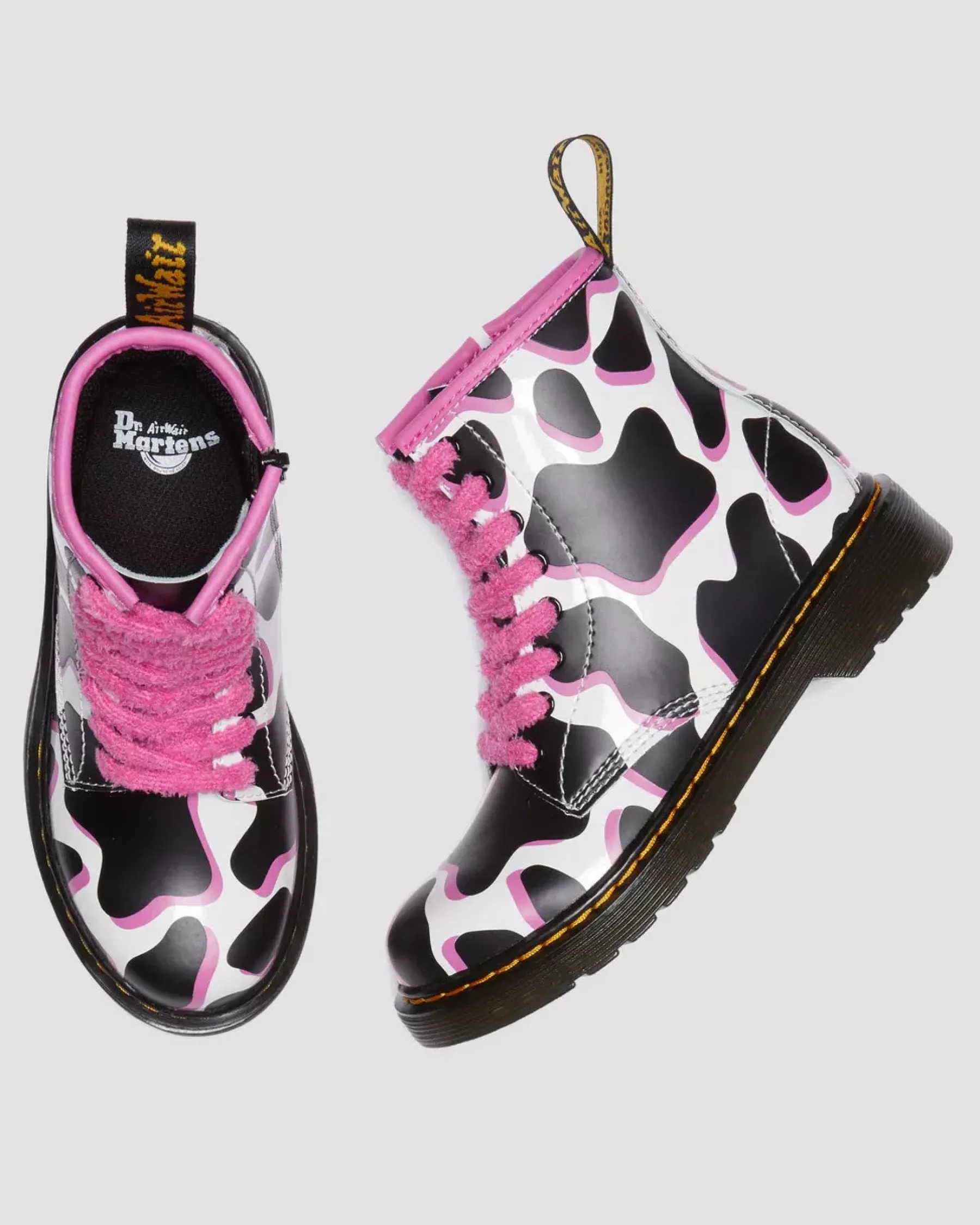 Sale|Glitter & Patent Boots>Dr. Martens Junior 1460 Cow Print Patent Leather Lace Up Boots WHITE — Cow Print Patent Lamper