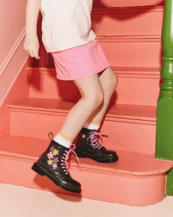 School Styles|Junior / 5-7 Years>Dr. Martens Junior 1460 Glitter & Flower Applique Lace Up Boots Black+Multi — Coated Glitter Pu+Athena