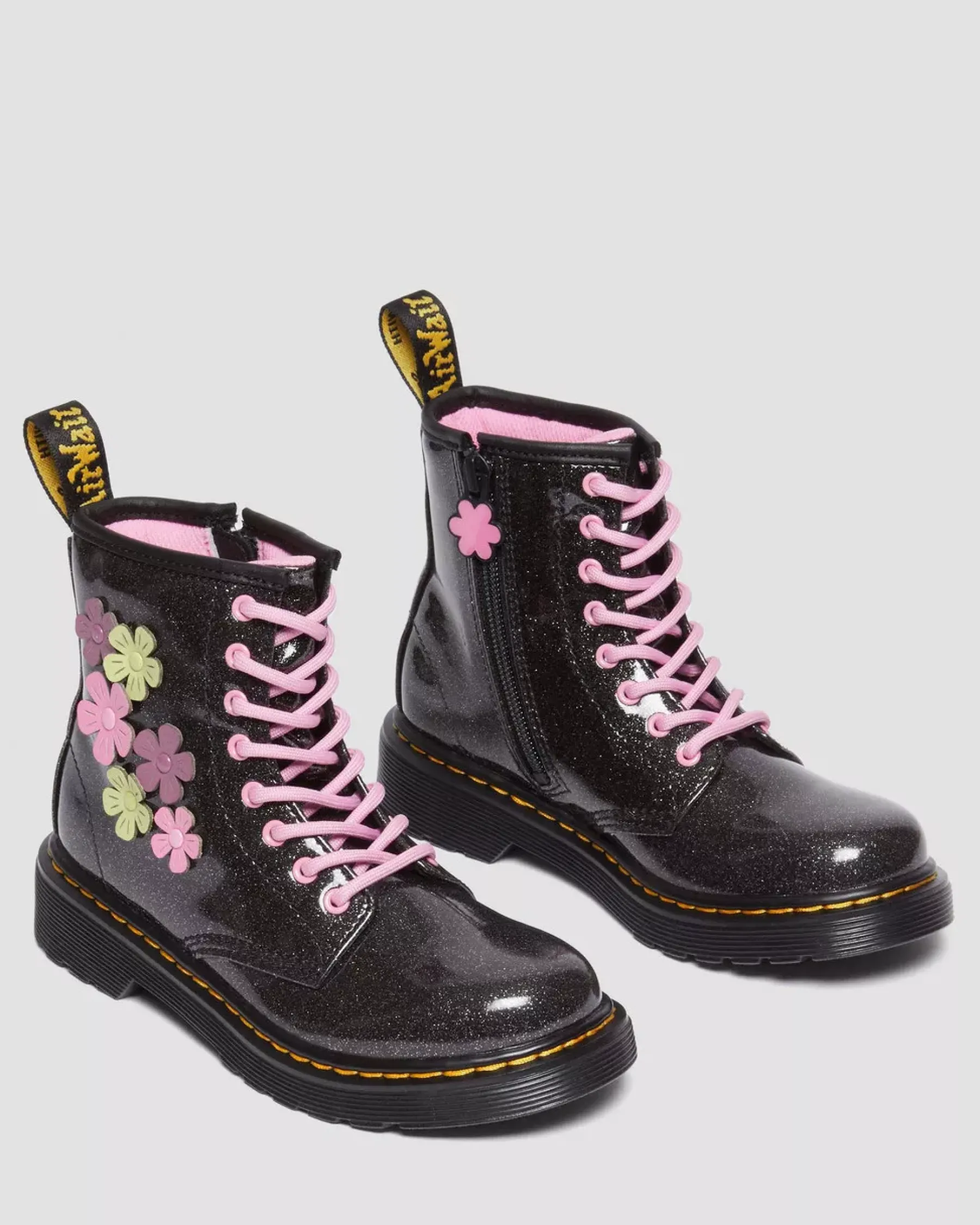 School Styles|Junior / 5-7 Years>Dr. Martens Junior 1460 Glitter & Flower Applique Lace Up Boots Black+Multi — Coated Glitter Pu+Athena