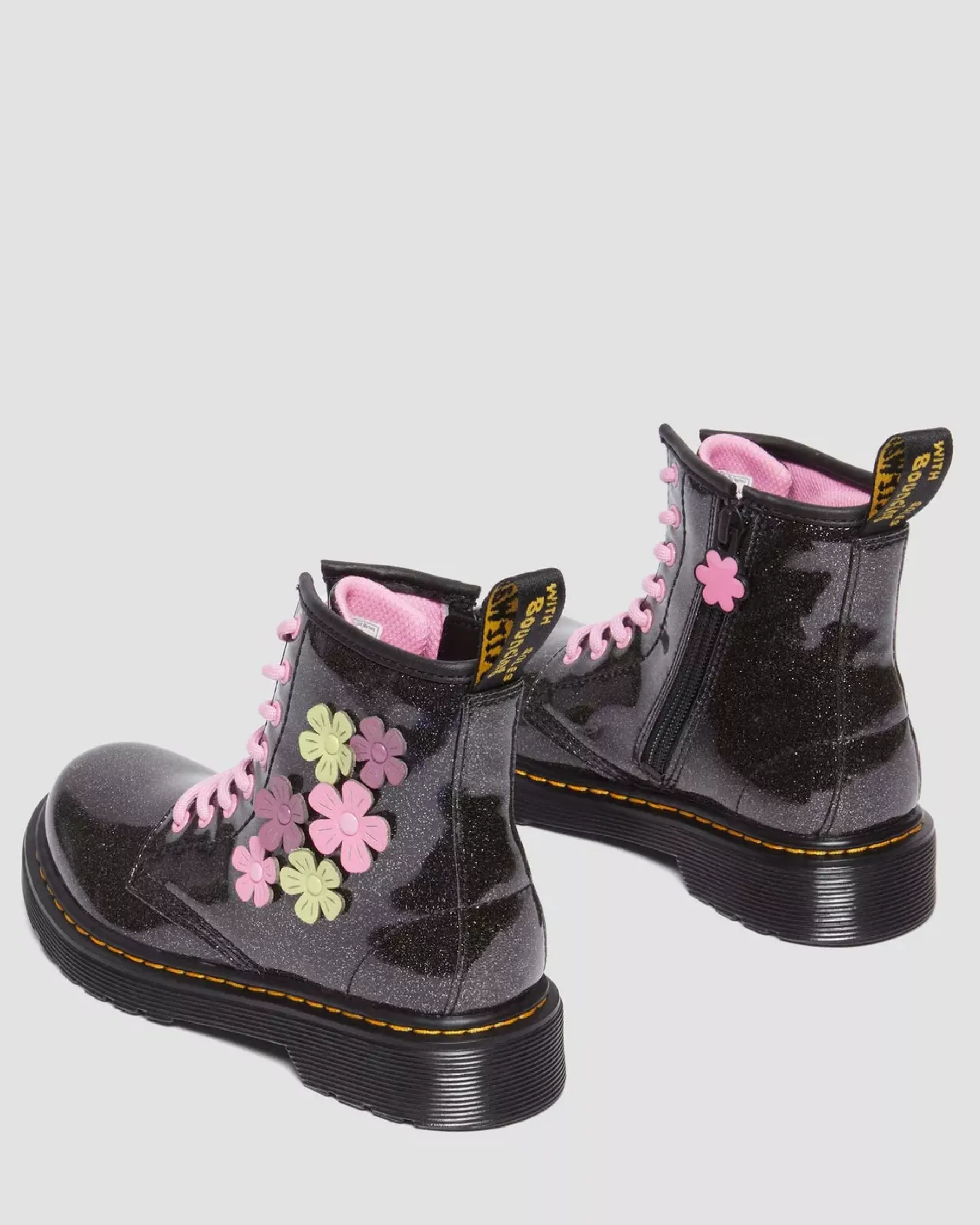 School Styles|Junior / 5-7 Years>Dr. Martens Junior 1460 Glitter & Flower Applique Lace Up Boots Black+Multi — Coated Glitter Pu+Athena