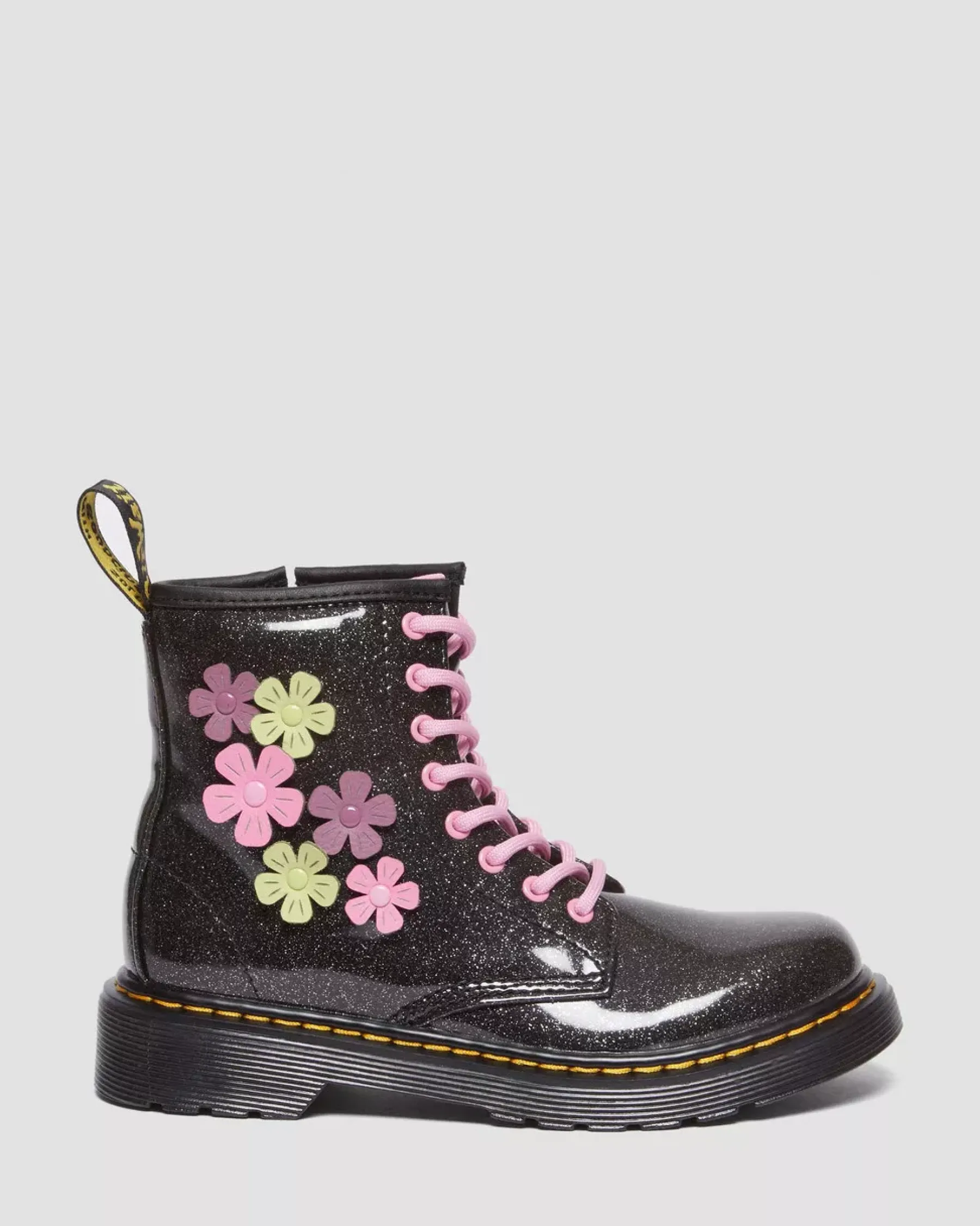 School Styles|Junior / 5-7 Years>Dr. Martens Junior 1460 Glitter & Flower Applique Lace Up Boots Black+Multi — Coated Glitter Pu+Athena