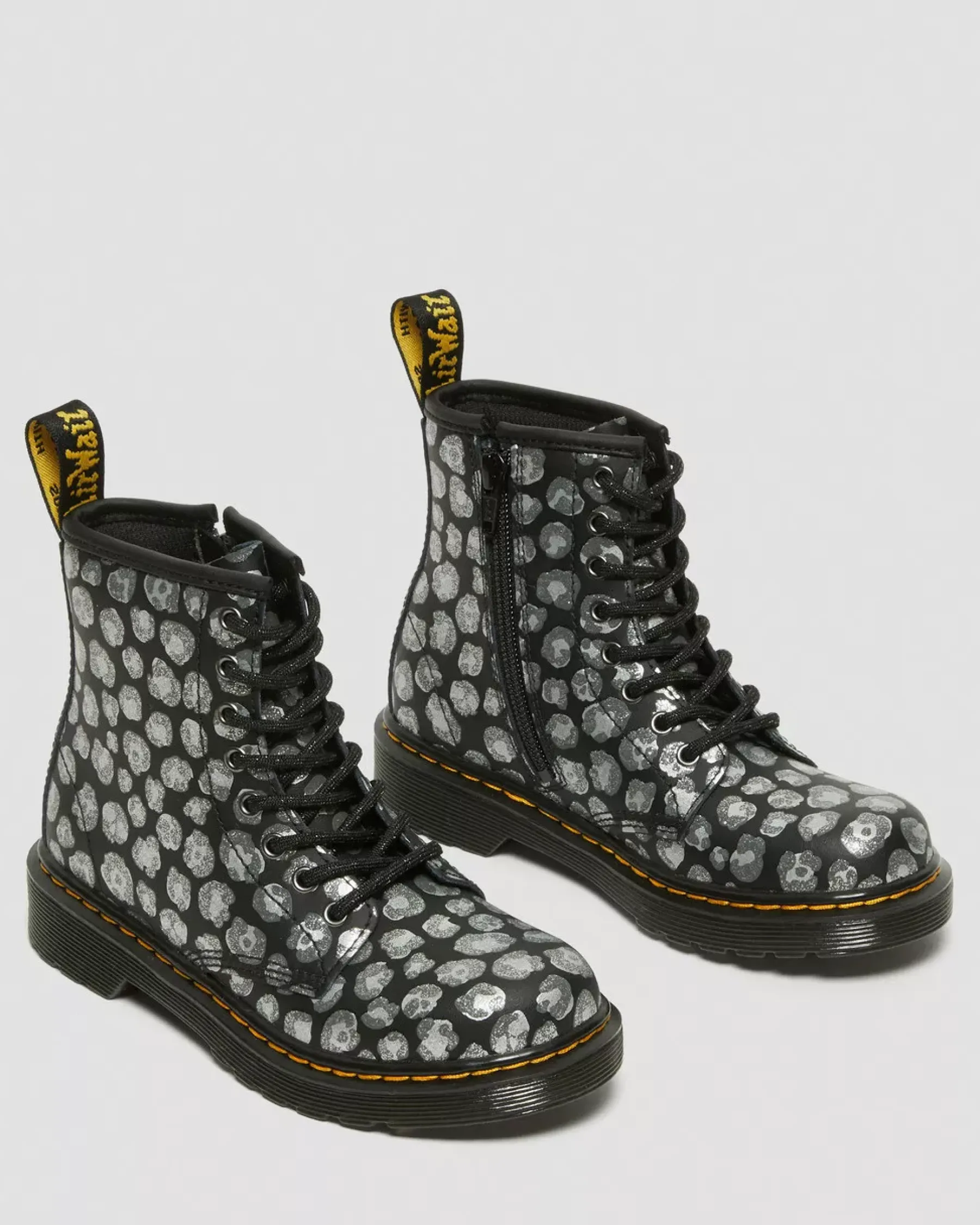 School Styles|Junior / 5-7 Years>Dr. Martens Junior 1460 Leopard Hydro Leather Lace Up Boots Black — Loud Leopard K Hydro