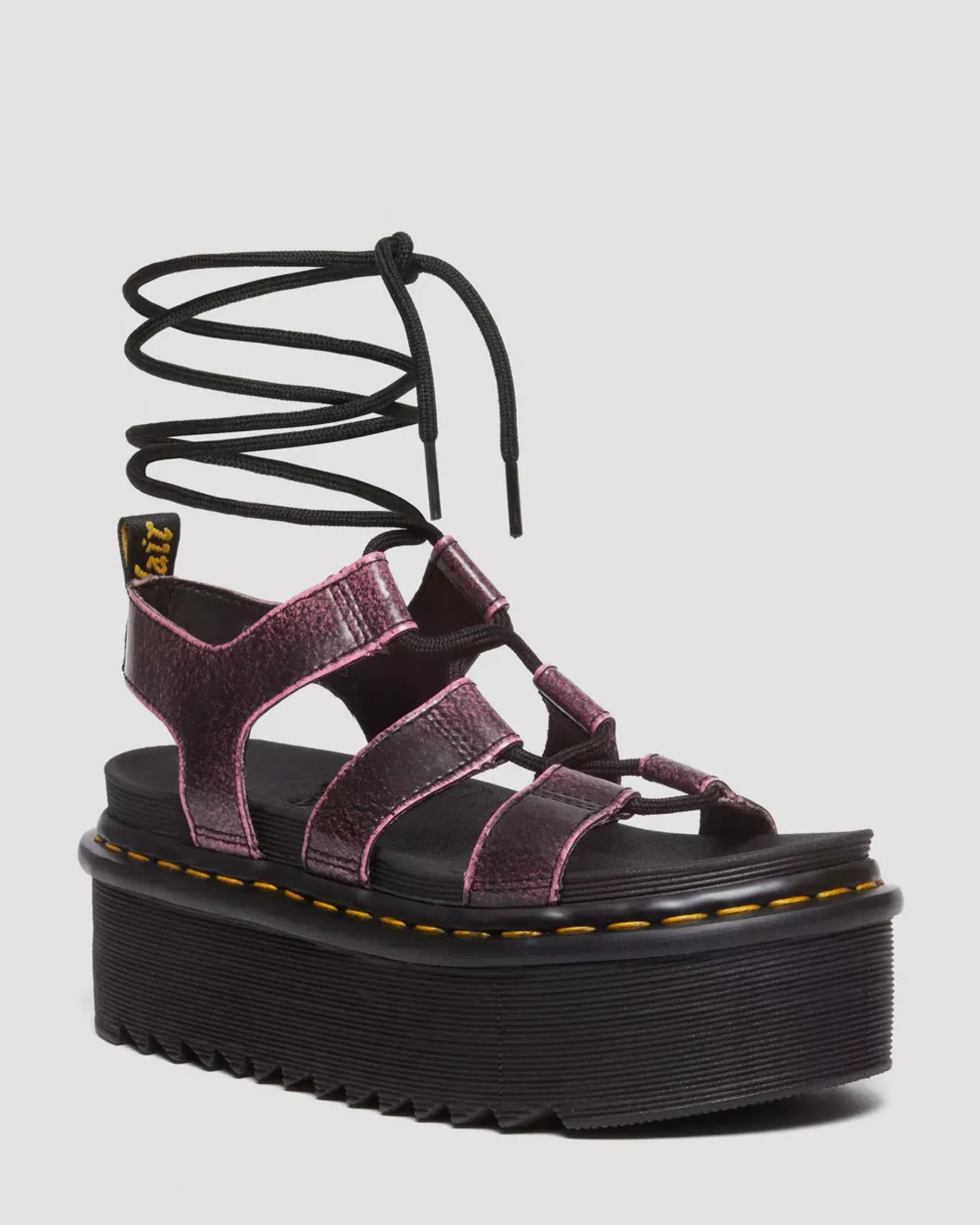 Platform Sandals|Strap Sandals>Dr. Martens Nartilla Distressed Leather Platform Gladiator Sandals Black+Fondant Pink — Two Tone Rub Off
