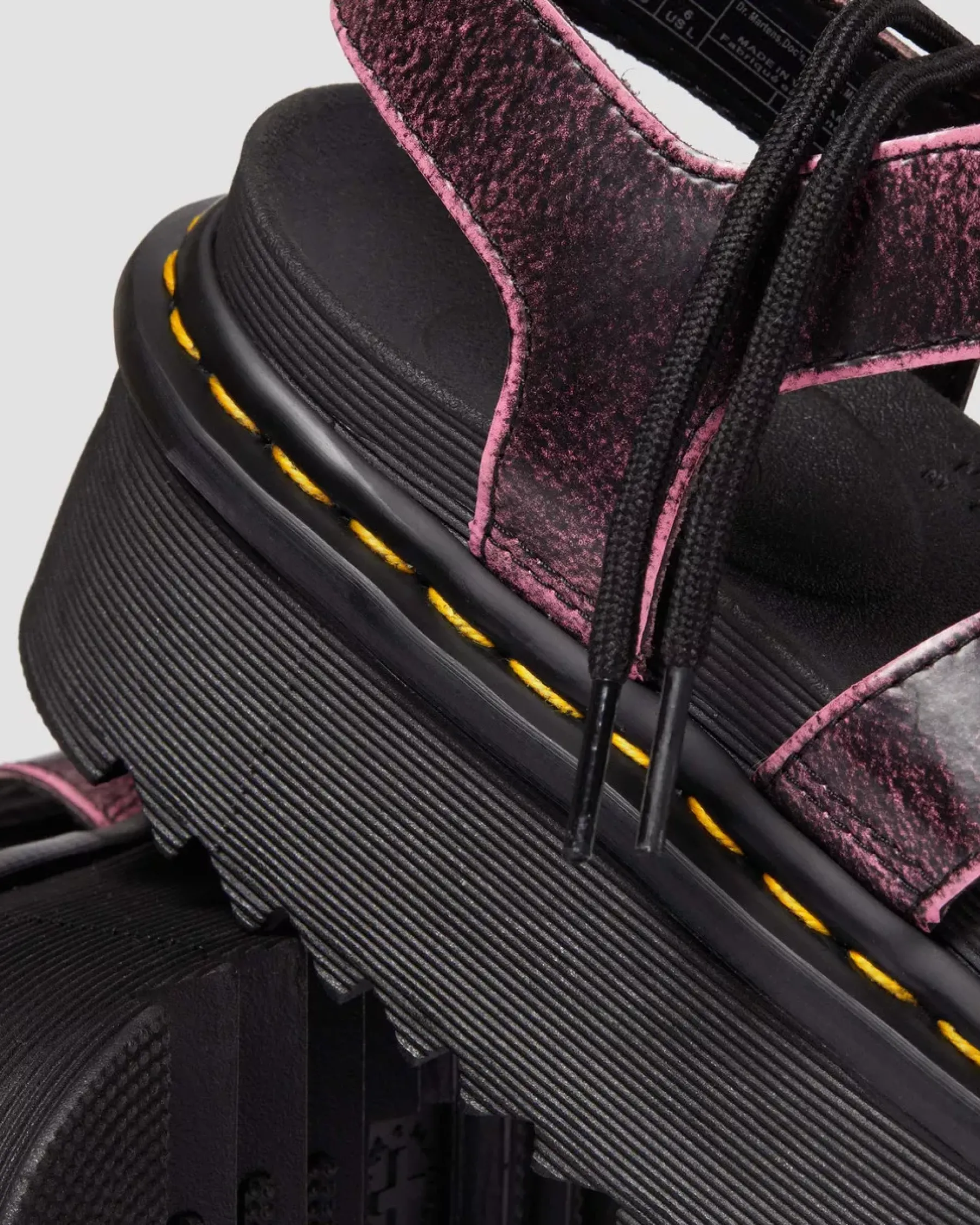 Platform Sandals|Strap Sandals>Dr. Martens Nartilla Distressed Leather Platform Gladiator Sandals Black+Fondant Pink — Two Tone Rub Off