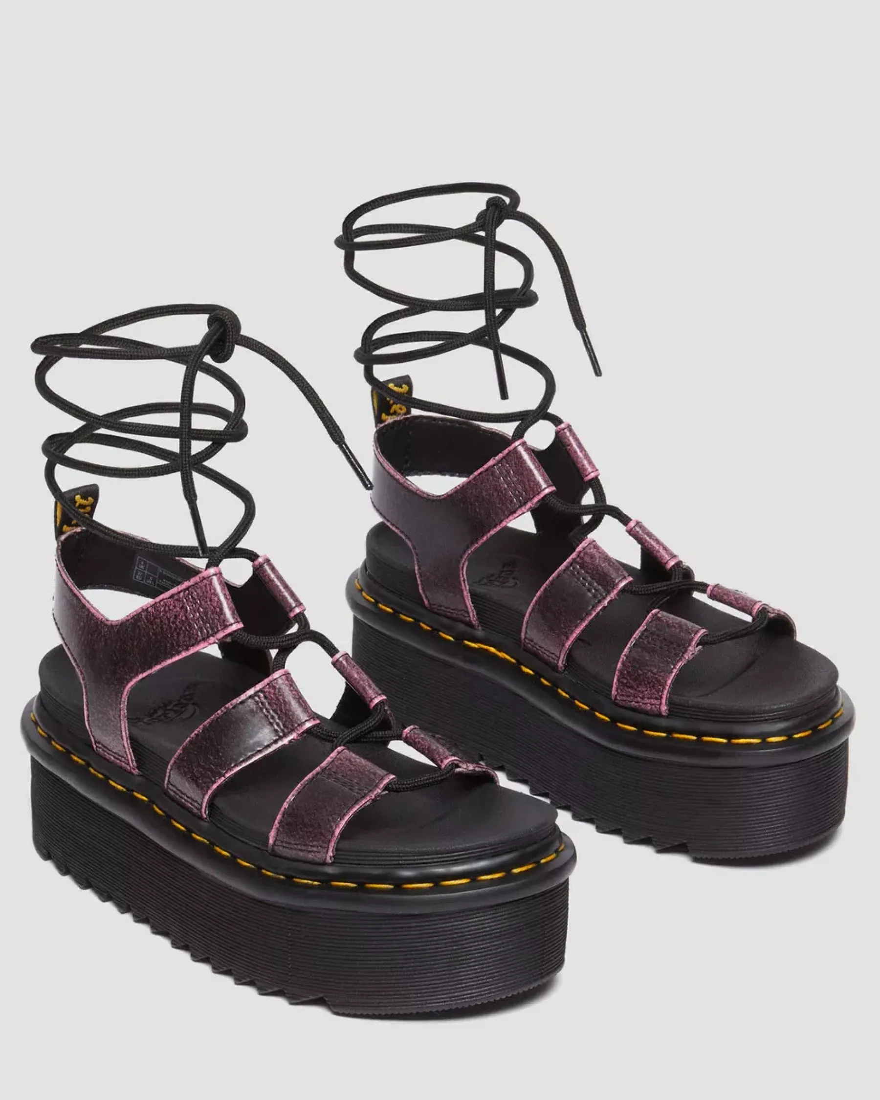 Platform Sandals|Strap Sandals>Dr. Martens Nartilla Distressed Leather Platform Gladiator Sandals Black+Fondant Pink — Two Tone Rub Off