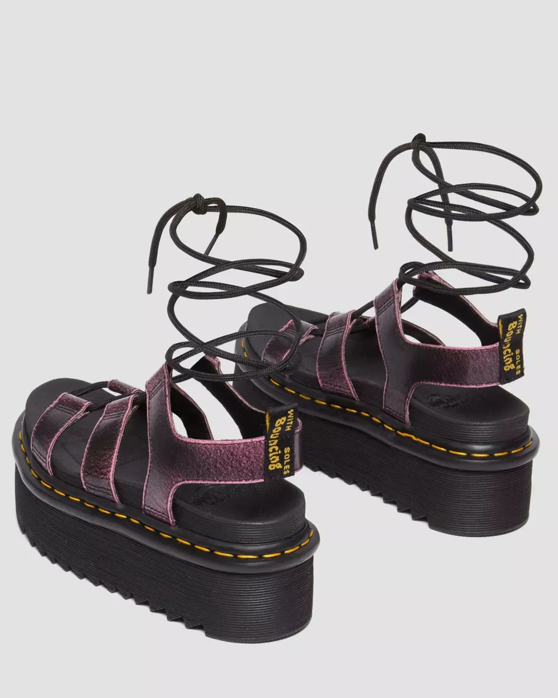 Platform Sandals|Strap Sandals>Dr. Martens Nartilla Distressed Leather Platform Gladiator Sandals Black+Fondant Pink — Two Tone Rub Off