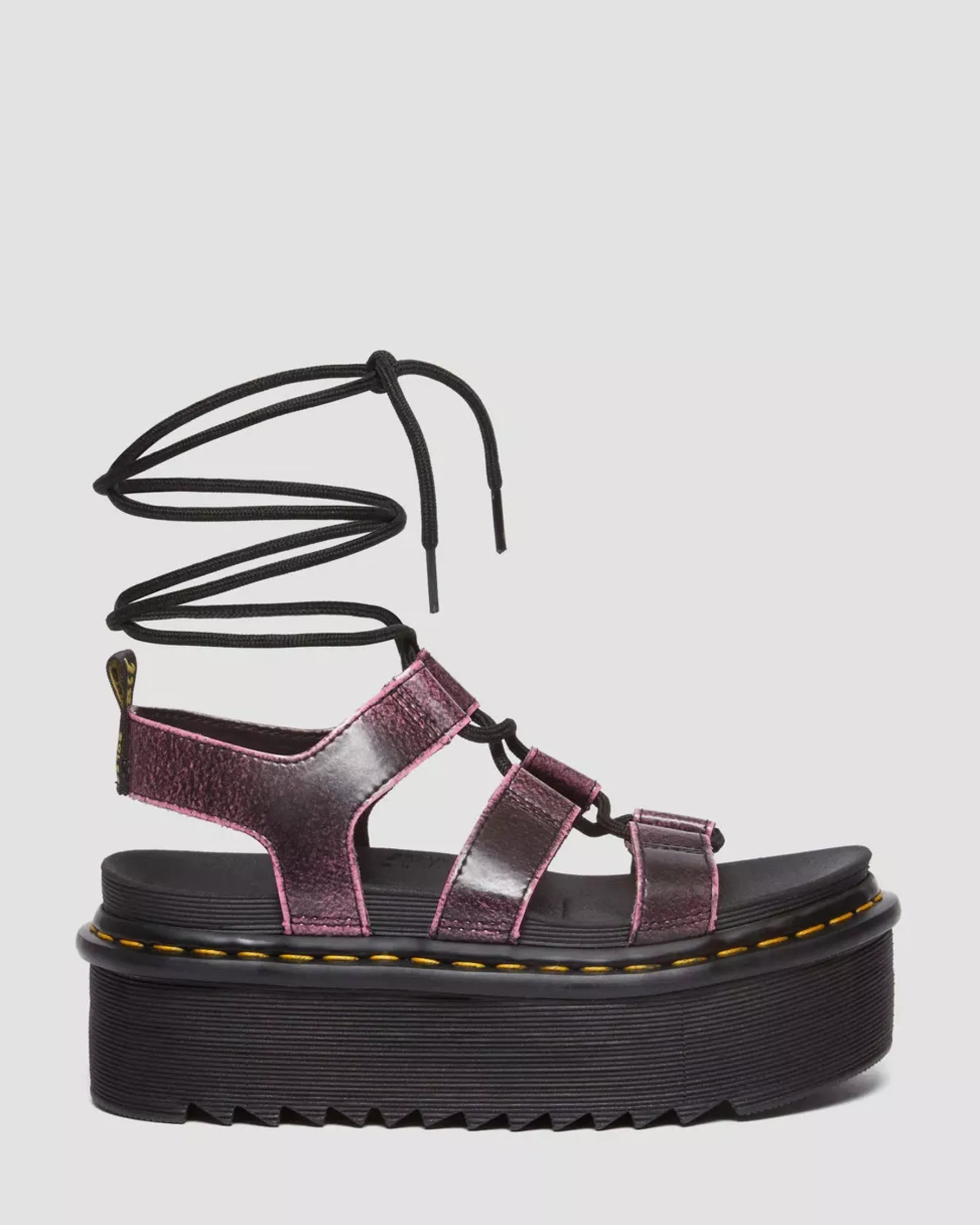 Platform Sandals|Strap Sandals>Dr. Martens Nartilla Distressed Leather Platform Gladiator Sandals Black+Fondant Pink — Two Tone Rub Off