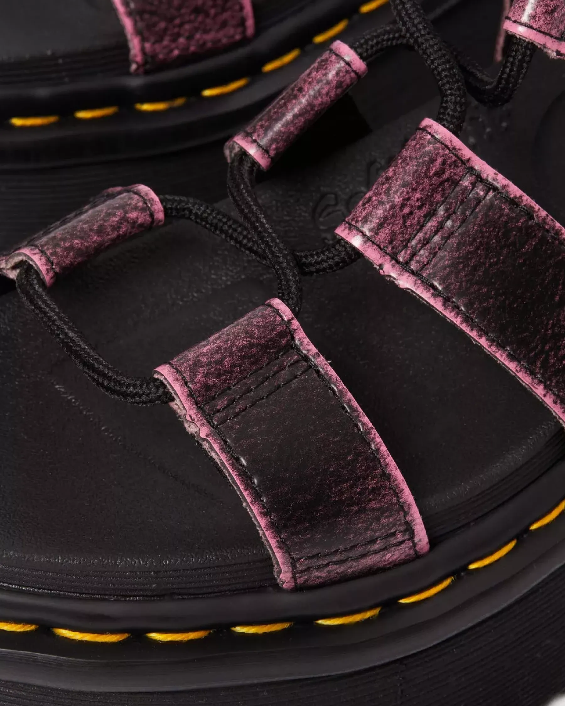 Platform Sandals|Strap Sandals>Dr. Martens Nartilla Distressed Leather Platform Gladiator Sandals Black+Fondant Pink — Two Tone Rub Off