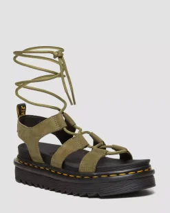 Platform Sandals|Platforms>Dr. Martens Nartilla Tumbled Nubuck Leather Gladiator Sandals Muted Olive — Tumbled Nubuck