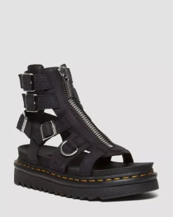 Platform Sandals|Strap Sandals>Dr. Martens Olson Tumbled Nubuck Leather Gladiator Zip Sandals Charcoal Grey — Tumbled Nubuck