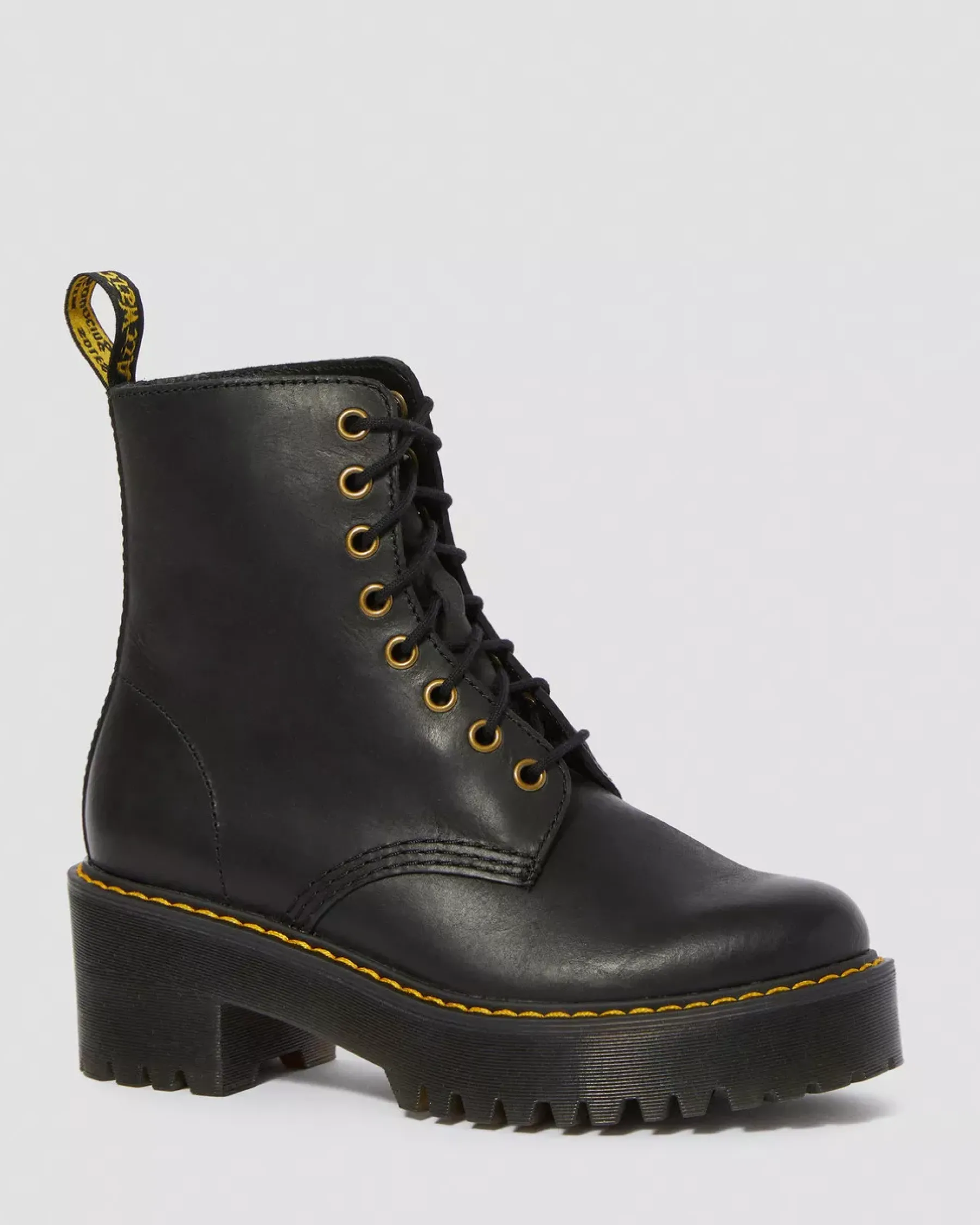 Heeled Boots|Ankle Boots>Dr. Martens Shriver Hi Women's Wyoming Leather Heeled Boots Black — Burnished Wyoming