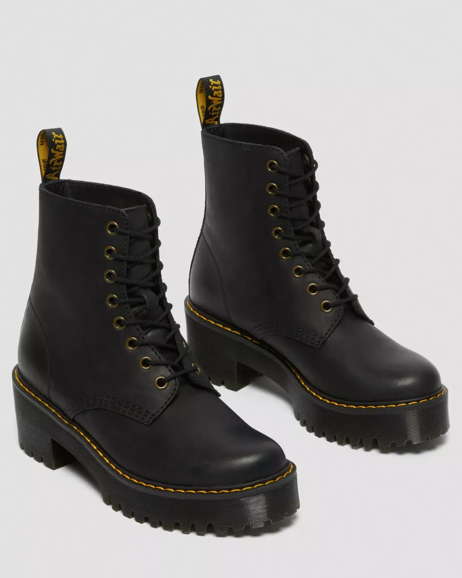Heeled Boots|Ankle Boots>Dr. Martens Shriver Hi Women's Wyoming Leather Heeled Boots Black — Burnished Wyoming