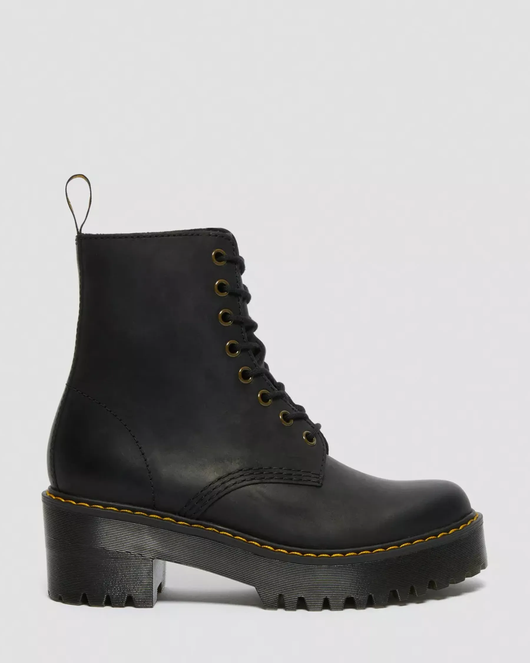 Heeled Boots|Ankle Boots>Dr. Martens Shriver Hi Women's Wyoming Leather Heeled Boots Black — Burnished Wyoming
