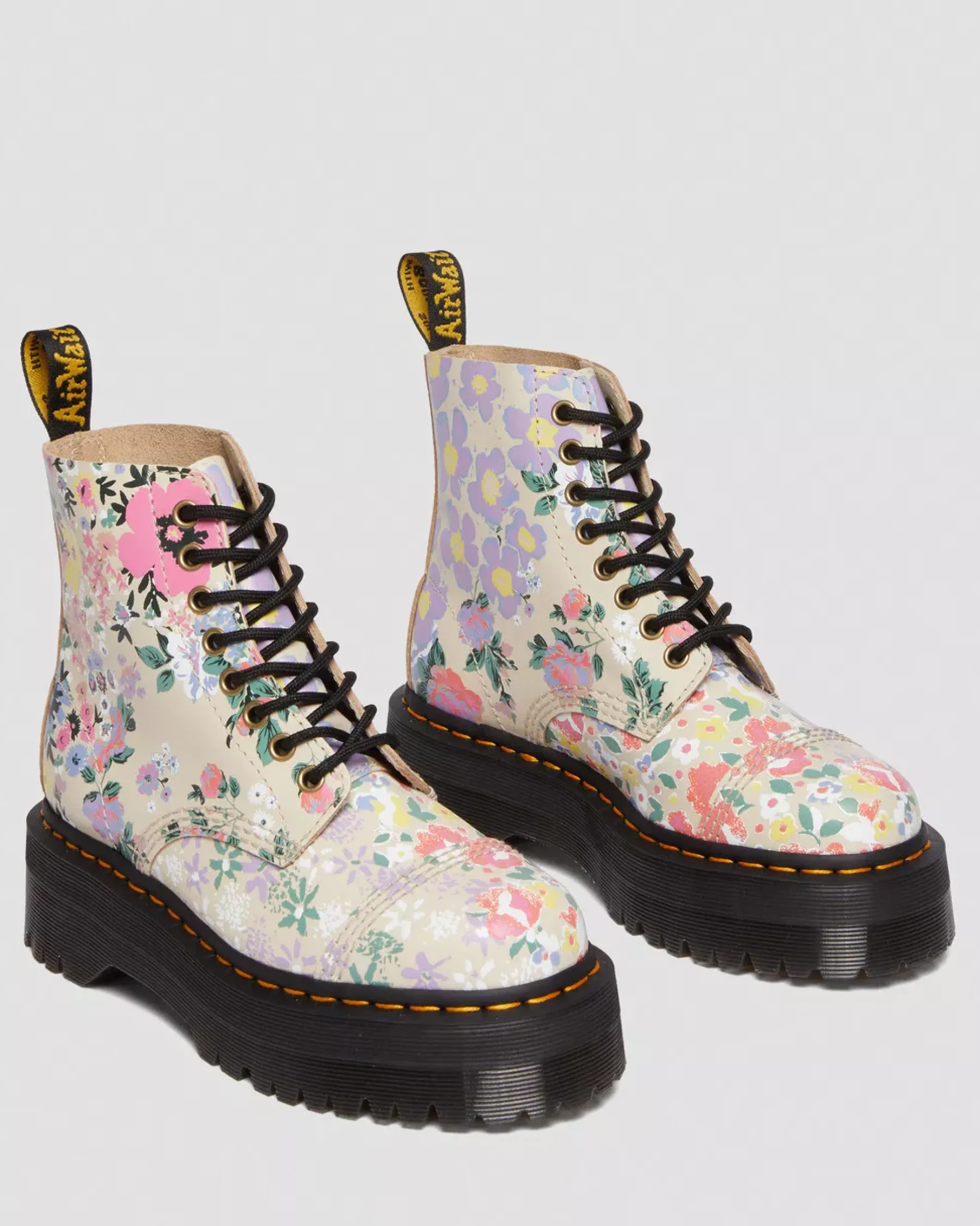 Sale|Platform Boots>Dr. Martens Sinclair Floral Mash Up Leather Platform Boots Parchment Beige — Backhand