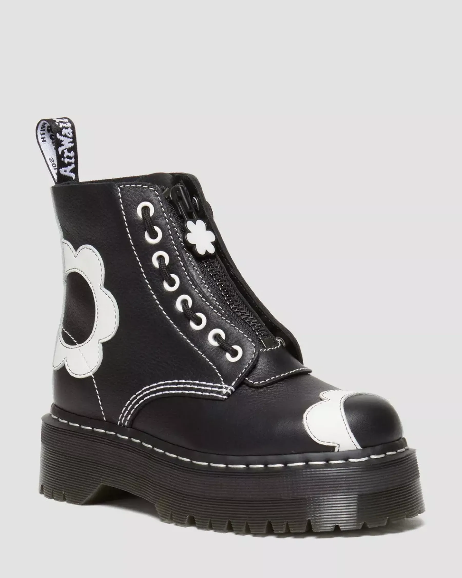 Platform Boots|Platforms>Dr. Martens Sinclair Flower Pisa Leather Platform Boots Black+Optical White — Pisa