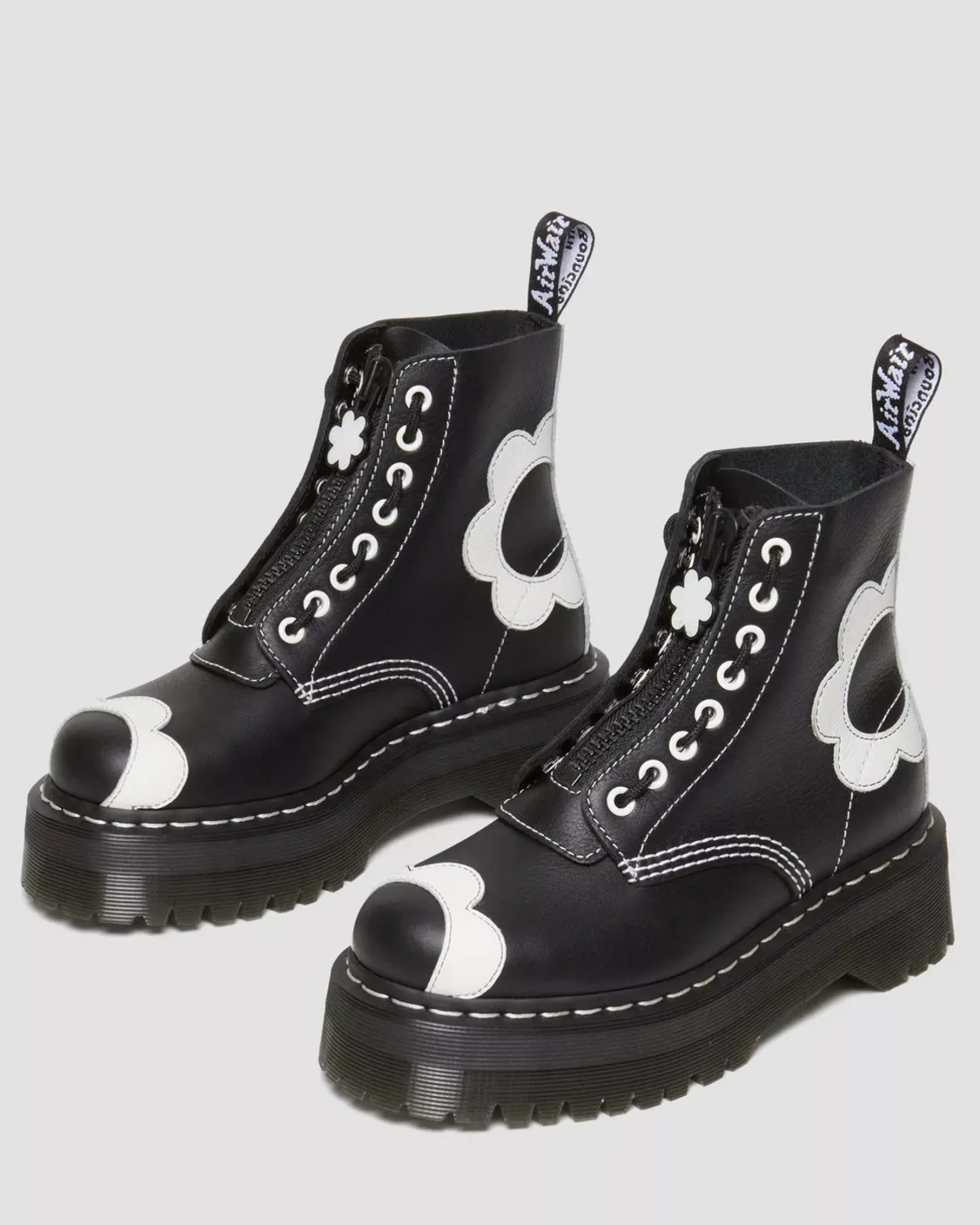 Platform Boots|Platforms>Dr. Martens Sinclair Flower Pisa Leather Platform Boots Black+Optical White — Pisa