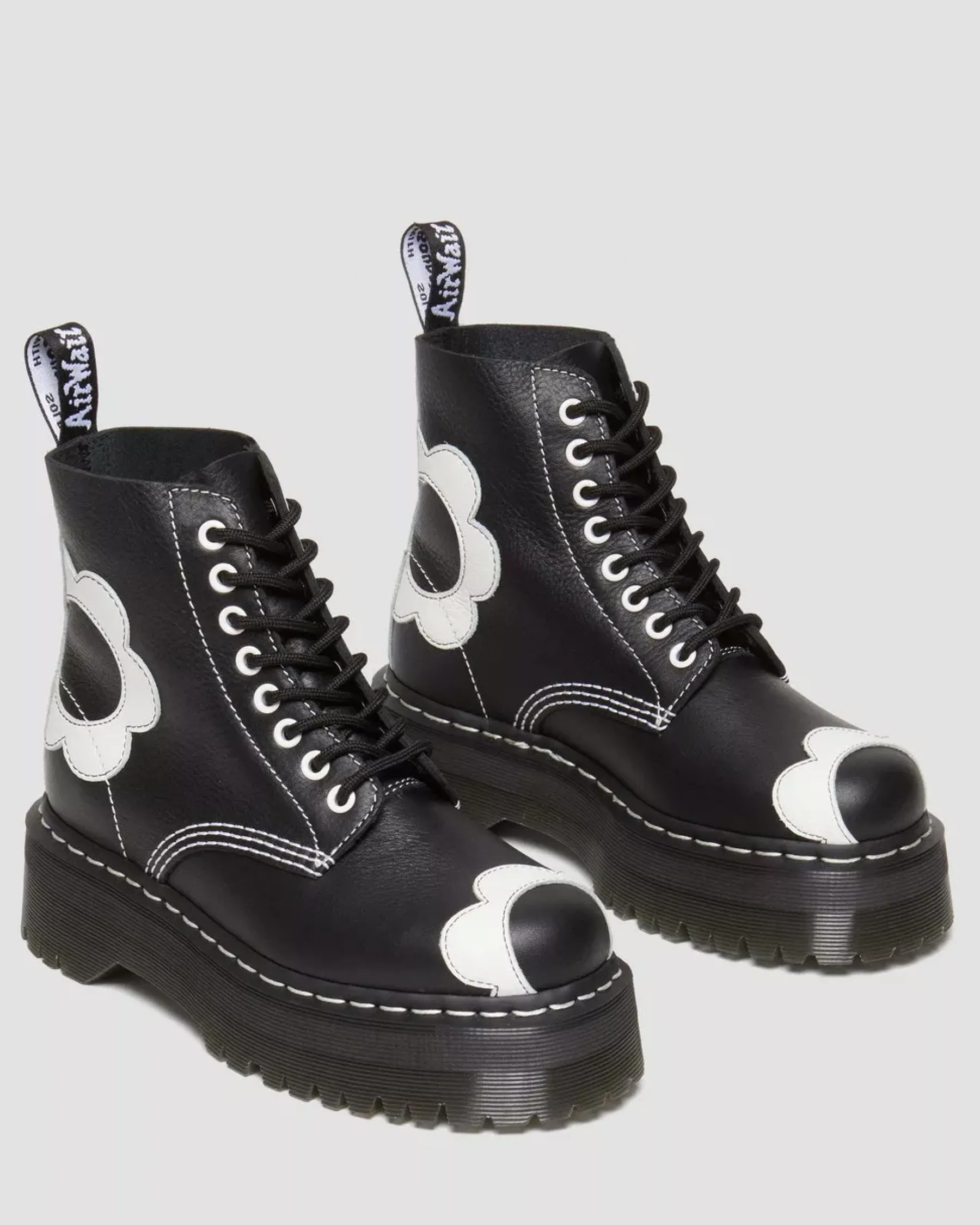 Platform Boots|Platforms>Dr. Martens Sinclair Flower Pisa Leather Platform Boots Black+Optical White — Pisa