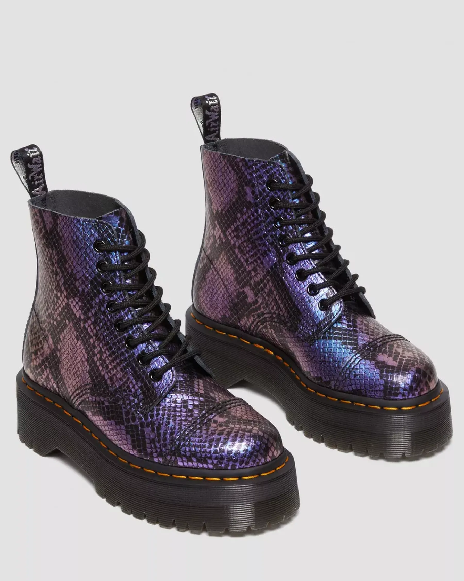 Sale|Platform Boots>Dr. Martens Sinclair Snake Print Emboss Leather Platform Boots BLACK+MULTI — Viper Croc Emboss