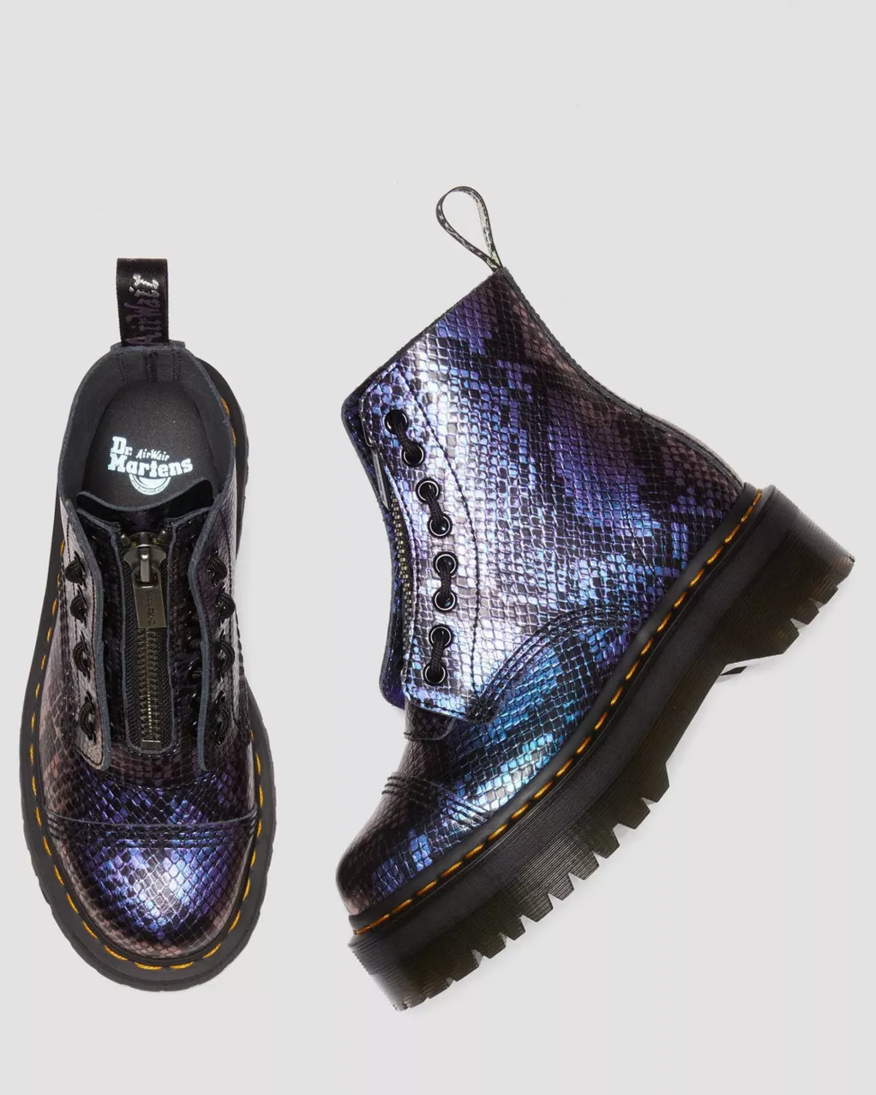 Sale|Platform Boots>Dr. Martens Sinclair Snake Print Emboss Leather Platform Boots BLACK+MULTI — Viper Croc Emboss