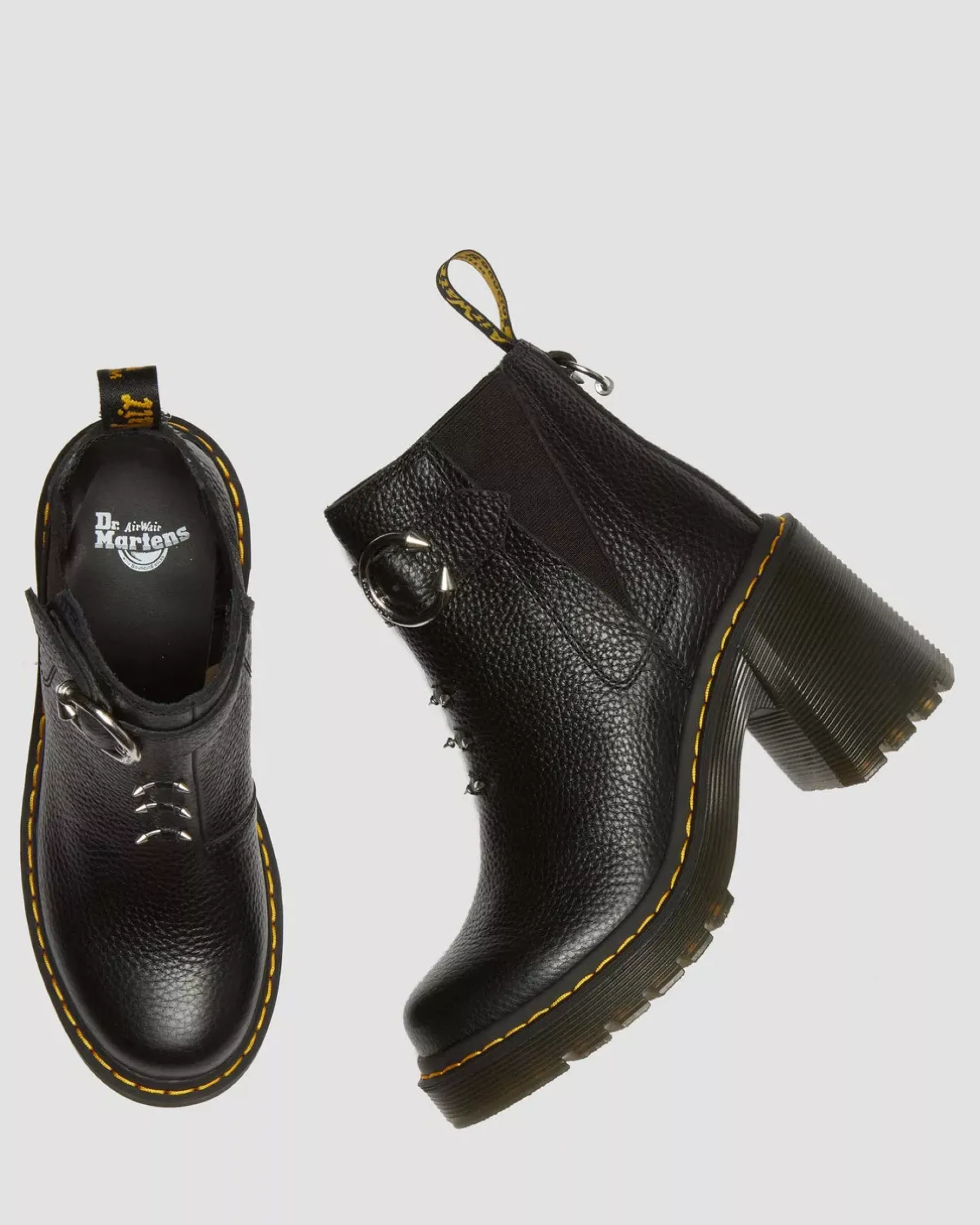 Heeled Boots|Chelsea Boots>Dr. Martens Spence Piercing Leather Flared Heel Chelsea Boots Black — Milled Nappa