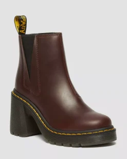 Heeled Boots|Chelsea Boots>Dr. Martens Spence Pull Up Leather Flared Heel Chelsea Boots Dark Brown