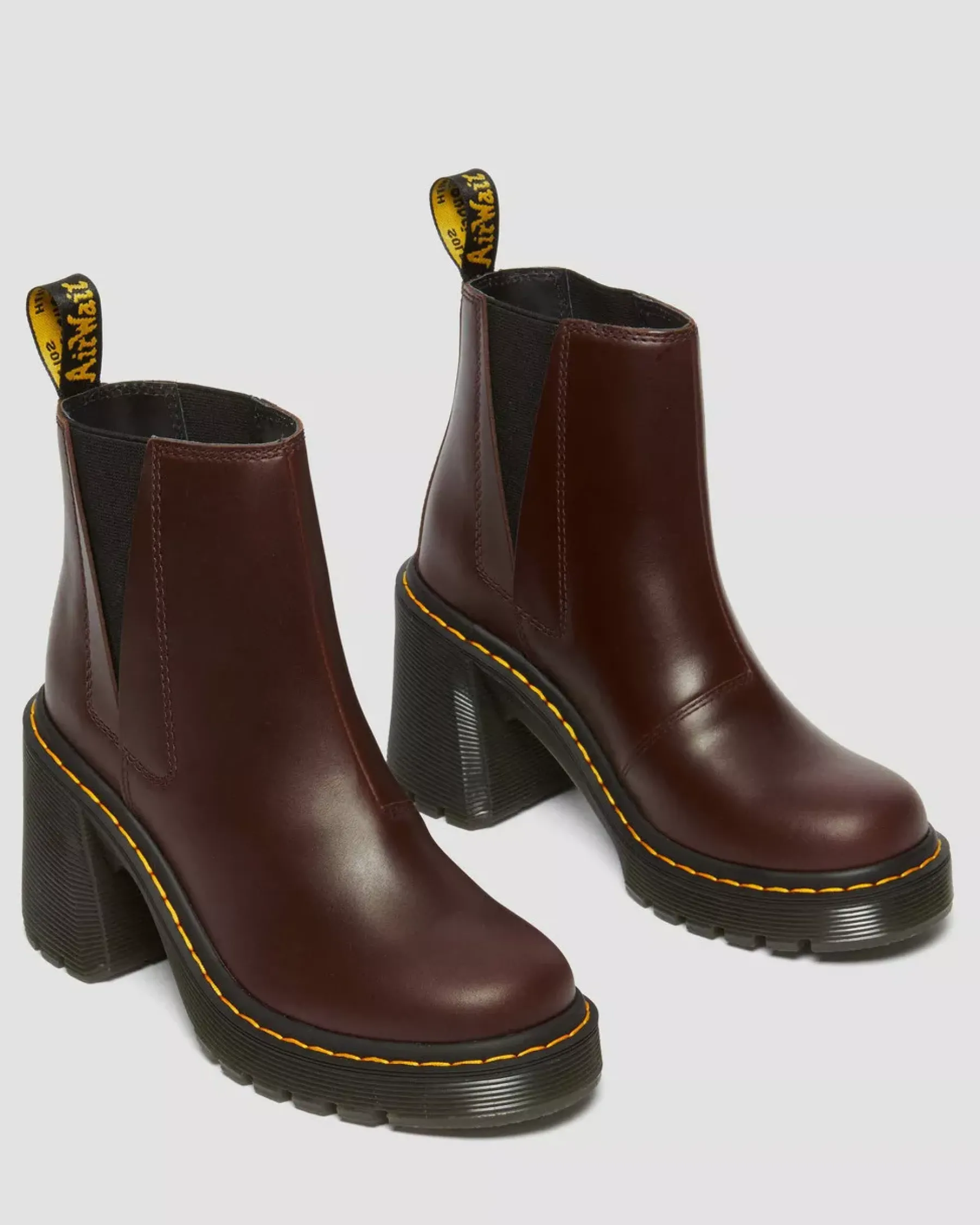 Heeled Boots|Chelsea Boots>Dr. Martens Spence Pull Up Leather Flared Heel Chelsea Boots Dark Brown