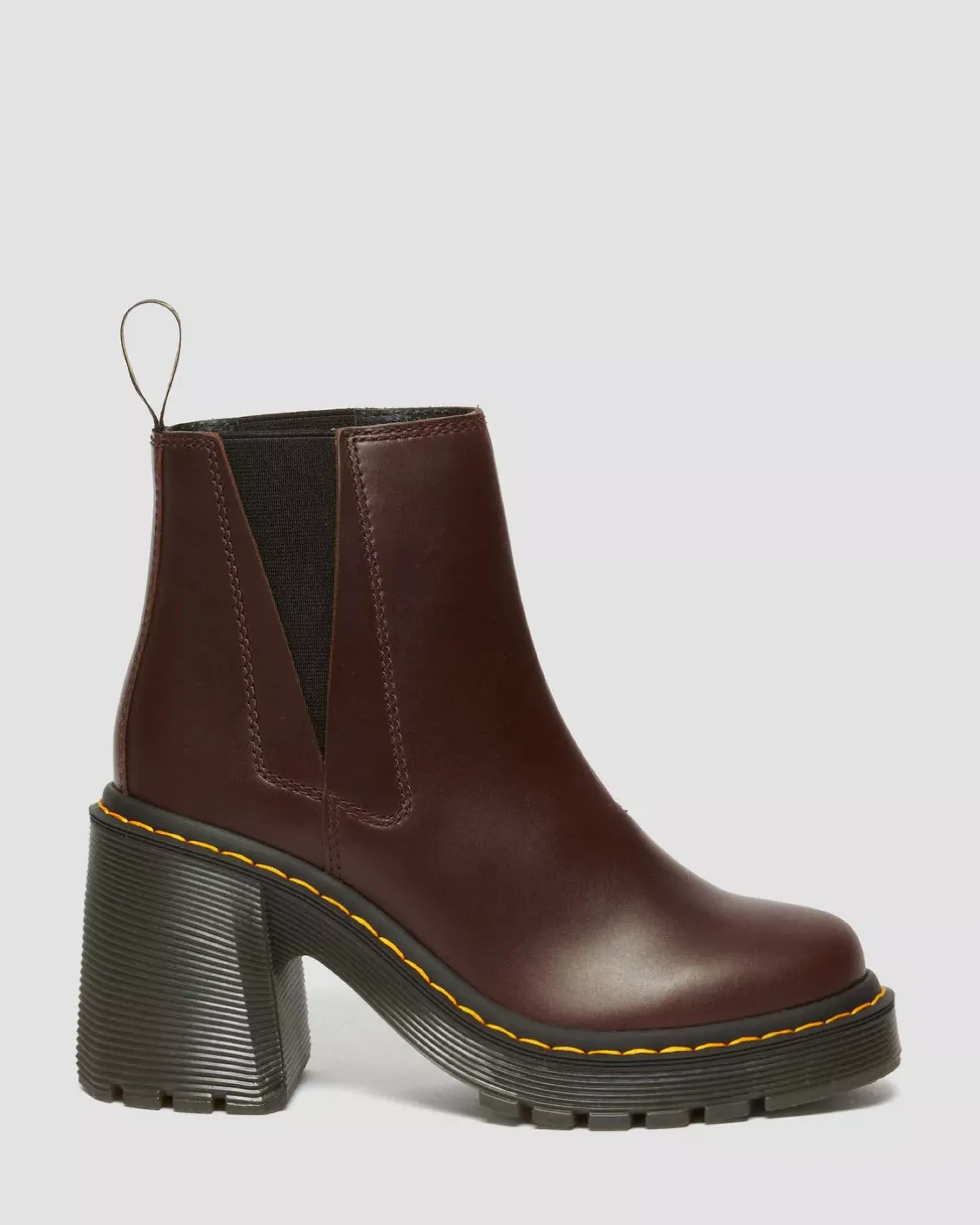 Heeled Boots|Chelsea Boots>Dr. Martens Spence Pull Up Leather Flared Heel Chelsea Boots Dark Brown