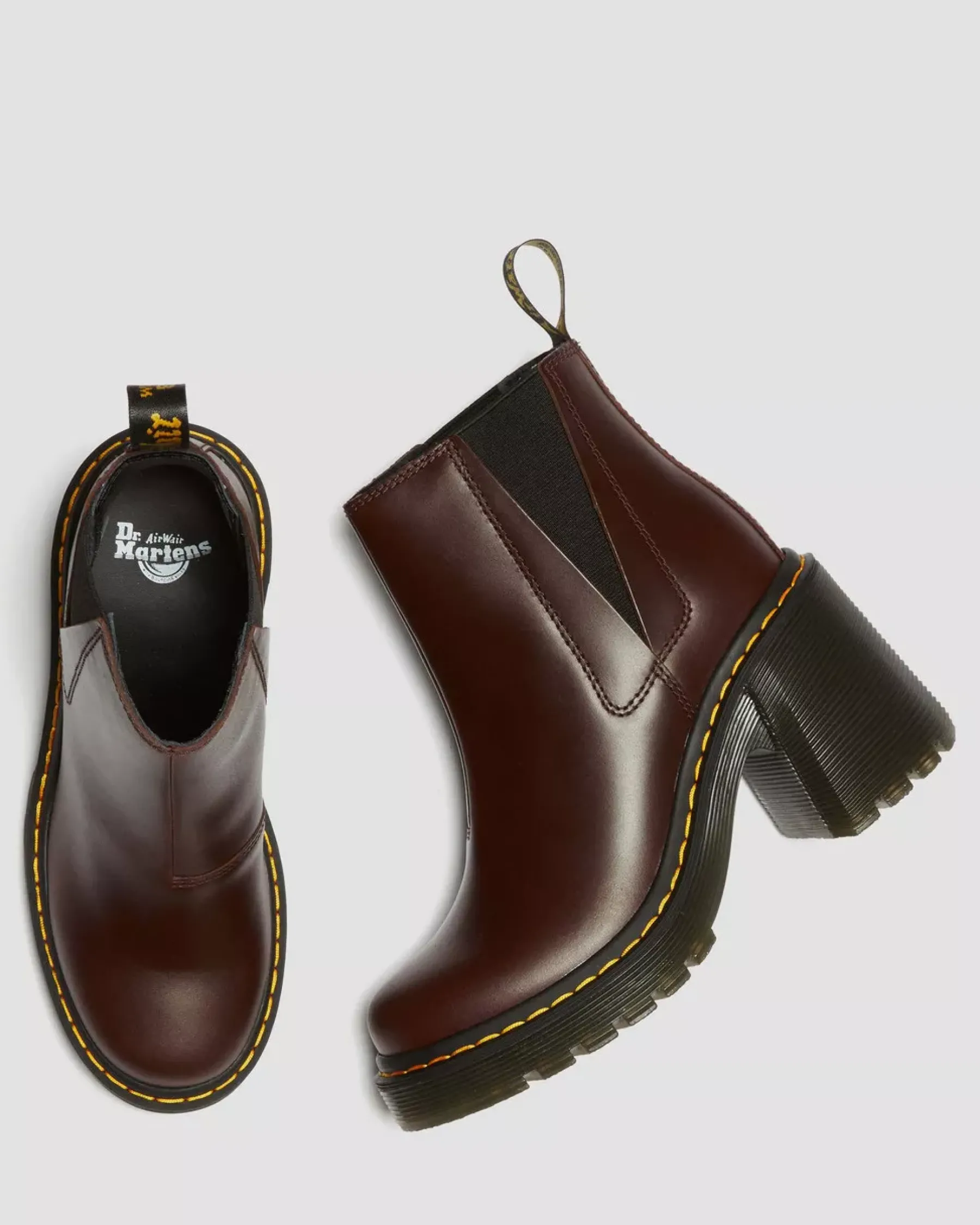 Heeled Boots|Chelsea Boots>Dr. Martens Spence Pull Up Leather Flared Heel Chelsea Boots Dark Brown