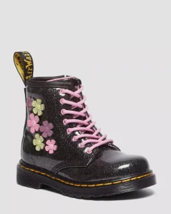 Glitter & Patent Boots|School Styles>Dr. Martens Toddler 1460 Glitter & Flower Applique Lace Up Boots Black+Multi — Coated Glitter Pu+Athena