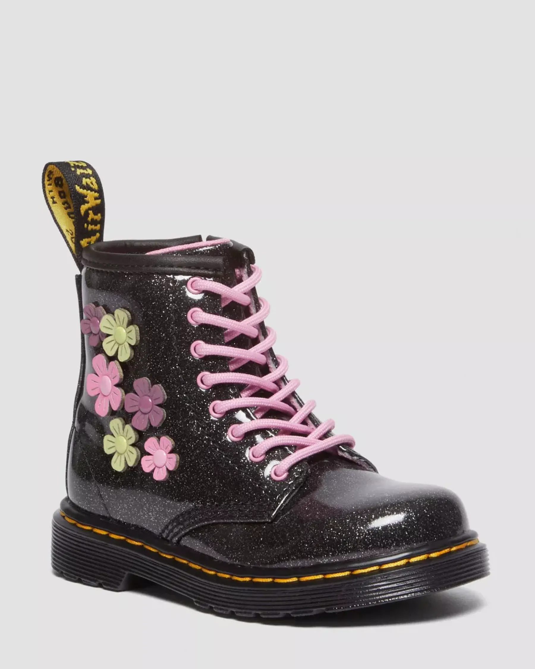 Glitter & Patent Boots|School Styles>Dr. Martens Toddler 1460 Glitter & Flower Applique Lace Up Boots Black+Multi — Coated Glitter Pu+Athena