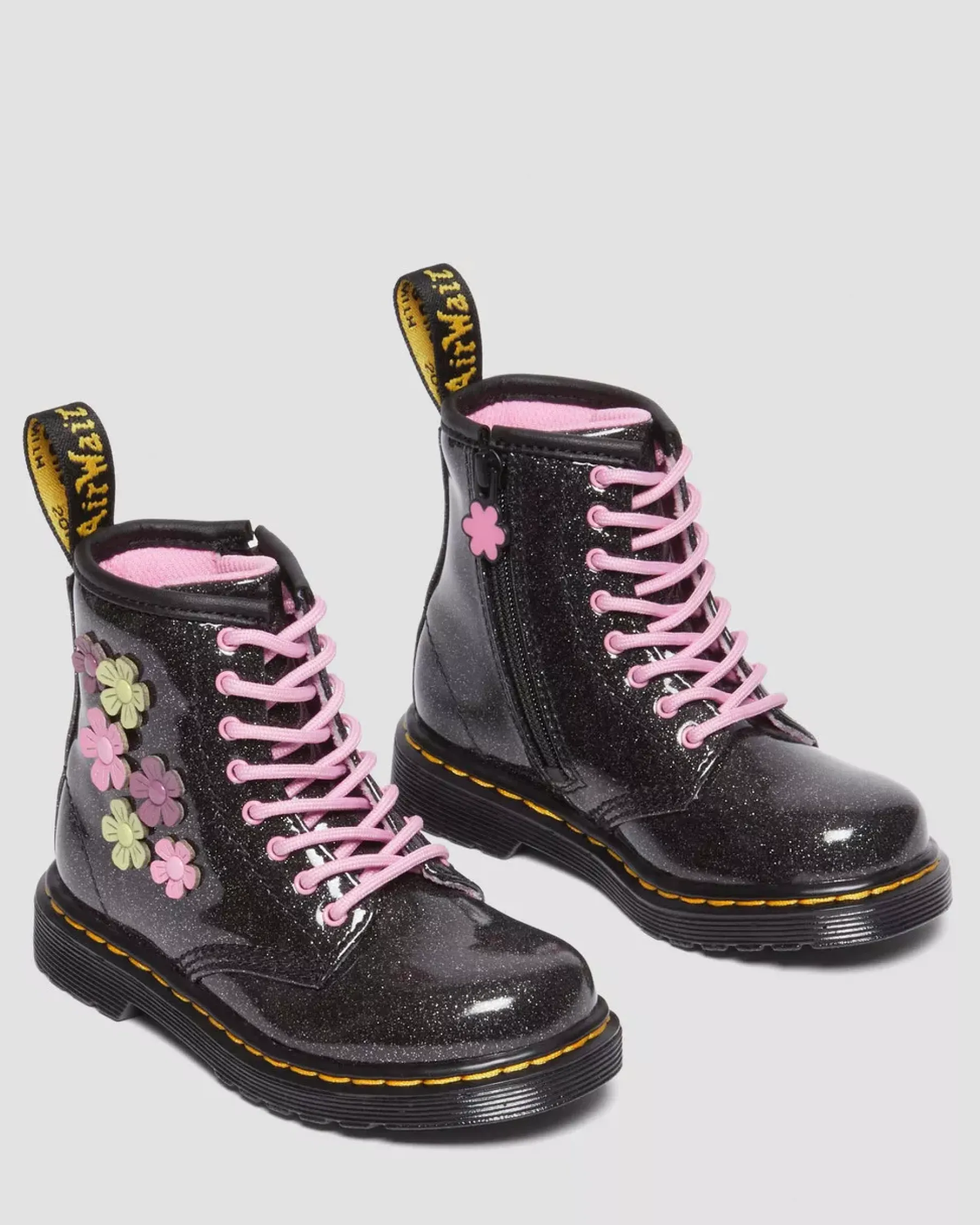 Glitter & Patent Boots|School Styles>Dr. Martens Toddler 1460 Glitter & Flower Applique Lace Up Boots Black+Multi — Coated Glitter Pu+Athena