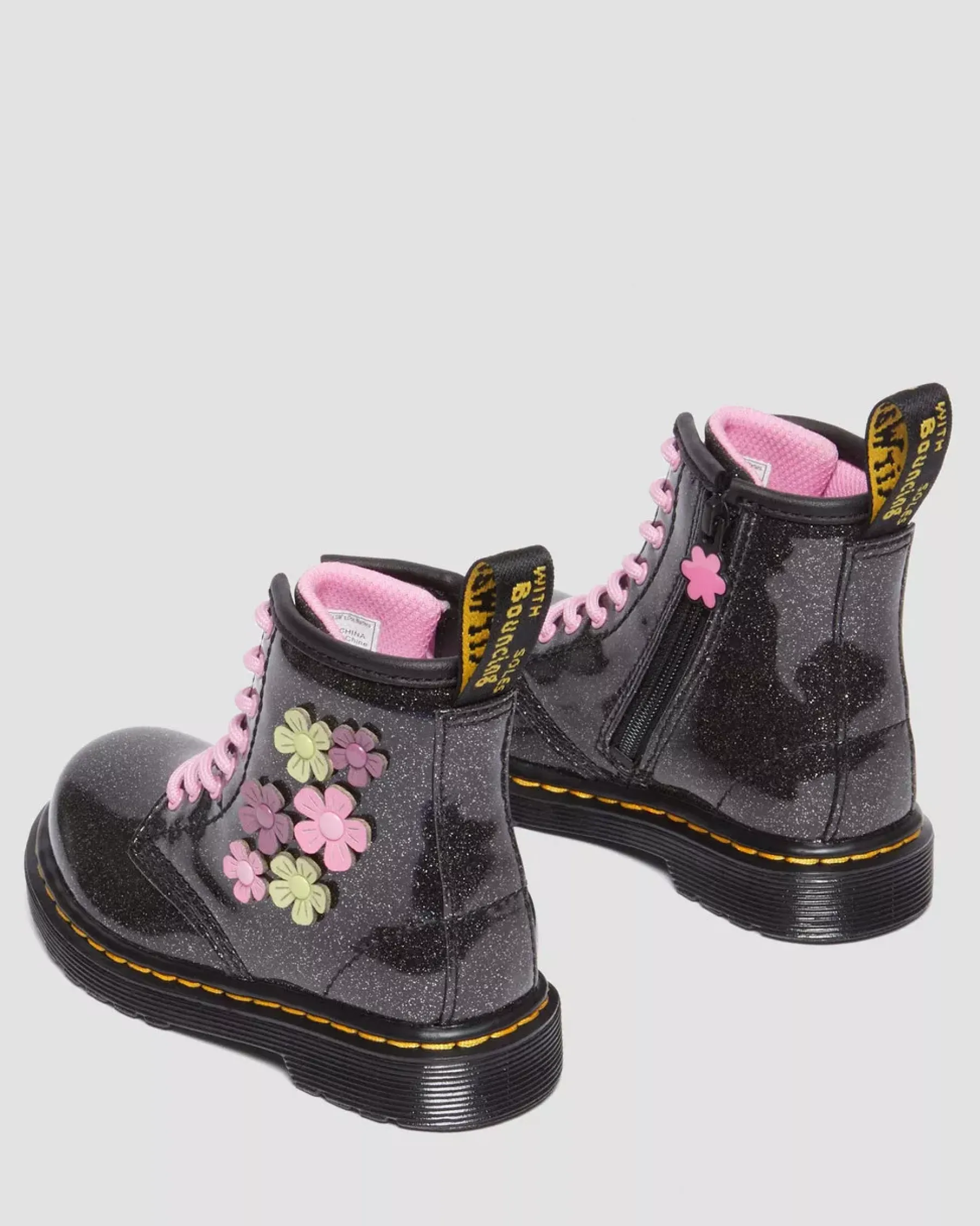 Glitter & Patent Boots|School Styles>Dr. Martens Toddler 1460 Glitter & Flower Applique Lace Up Boots Black+Multi — Coated Glitter Pu+Athena