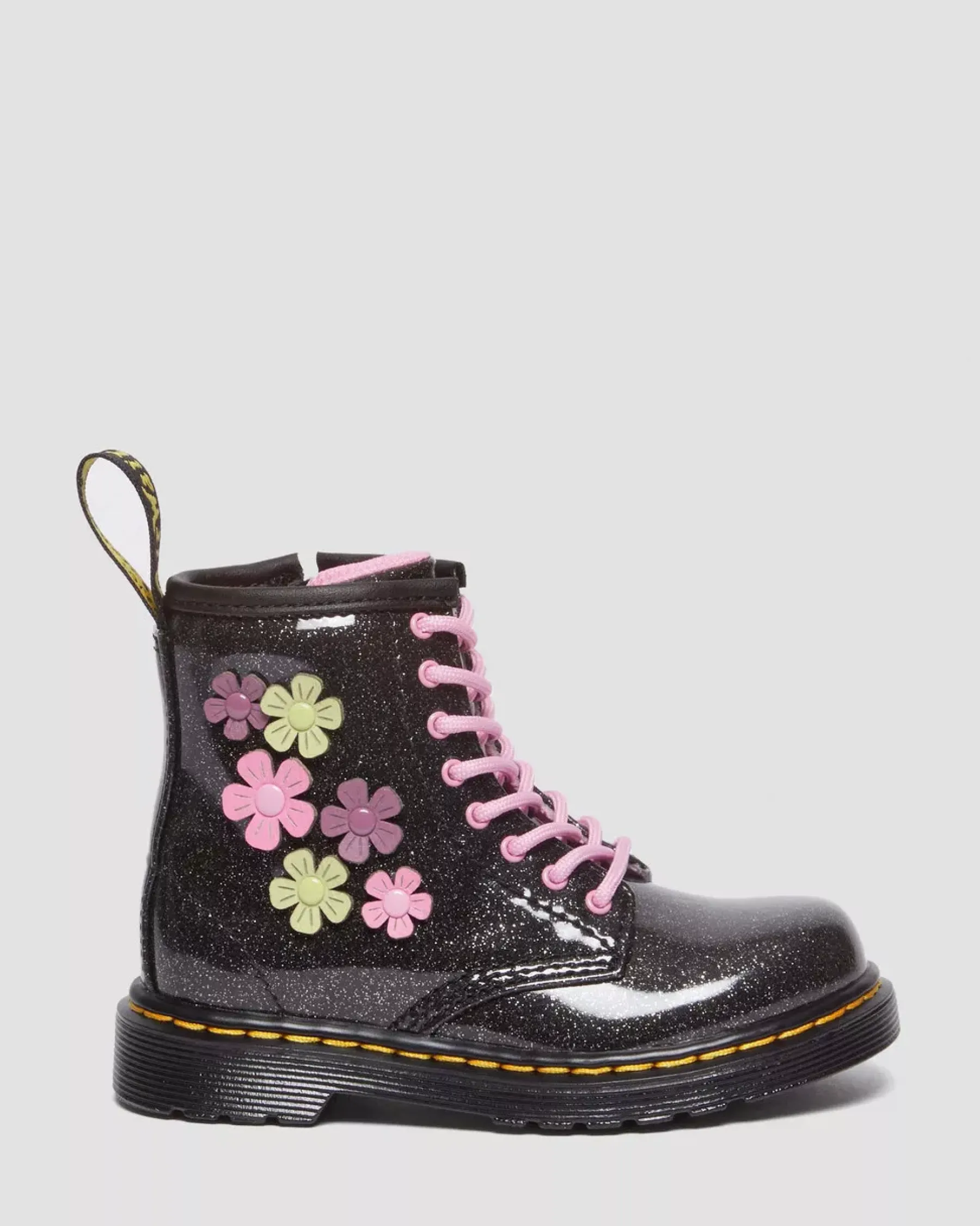 Glitter & Patent Boots|School Styles>Dr. Martens Toddler 1460 Glitter & Flower Applique Lace Up Boots Black+Multi — Coated Glitter Pu+Athena