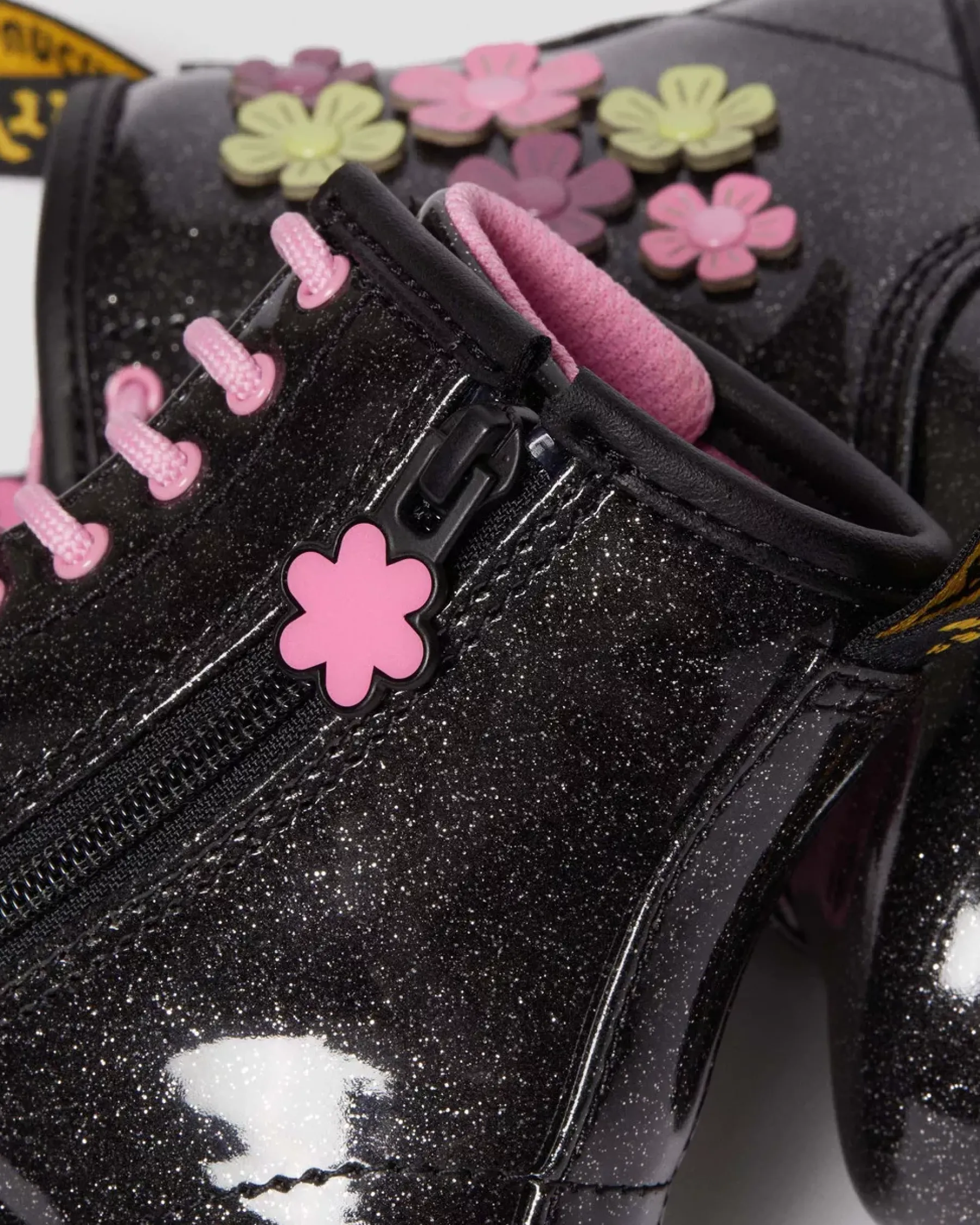 Glitter & Patent Boots|School Styles>Dr. Martens Toddler 1460 Glitter & Flower Applique Lace Up Boots Black+Multi — Coated Glitter Pu+Athena