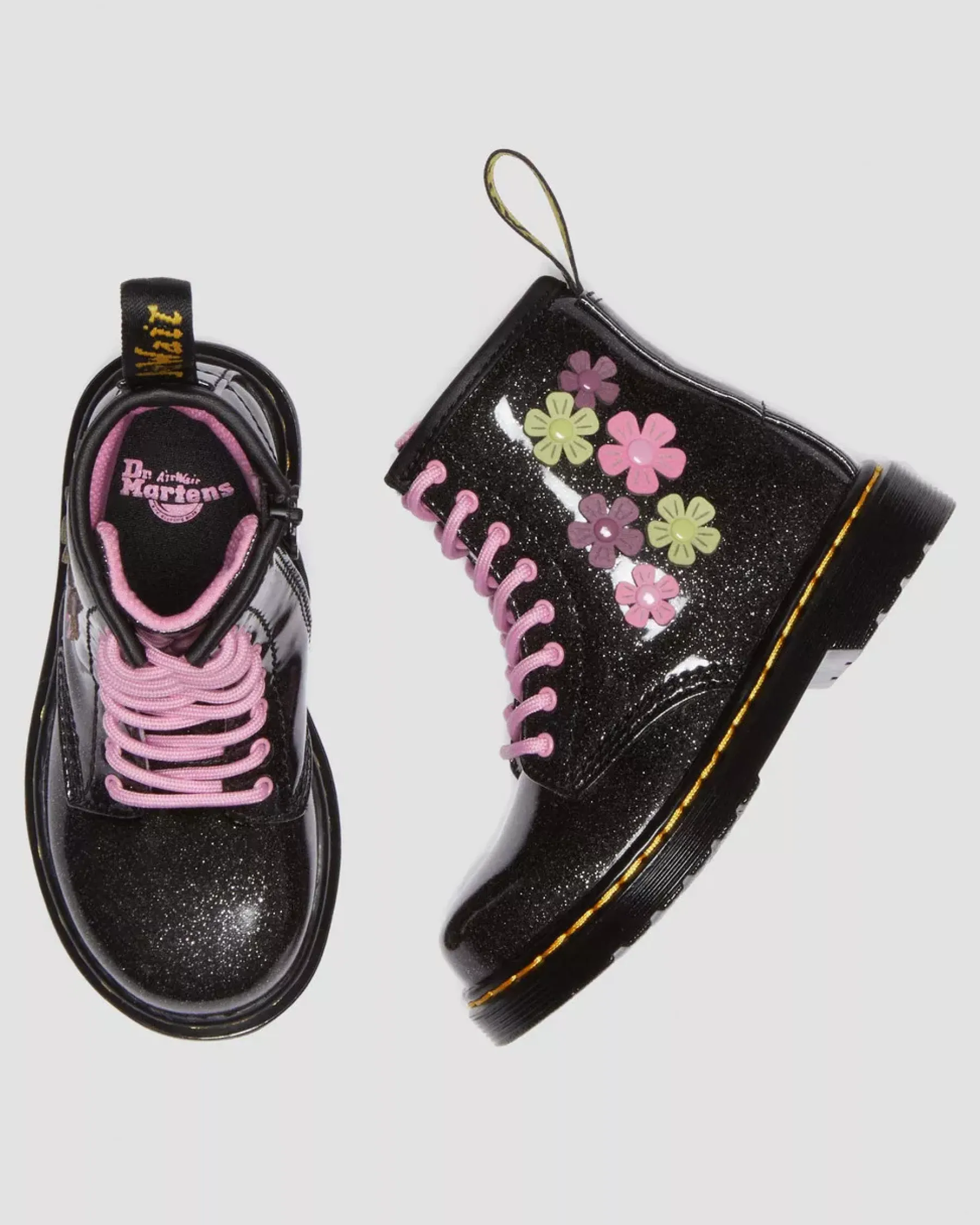 Glitter & Patent Boots|School Styles>Dr. Martens Toddler 1460 Glitter & Flower Applique Lace Up Boots Black+Multi — Coated Glitter Pu+Athena