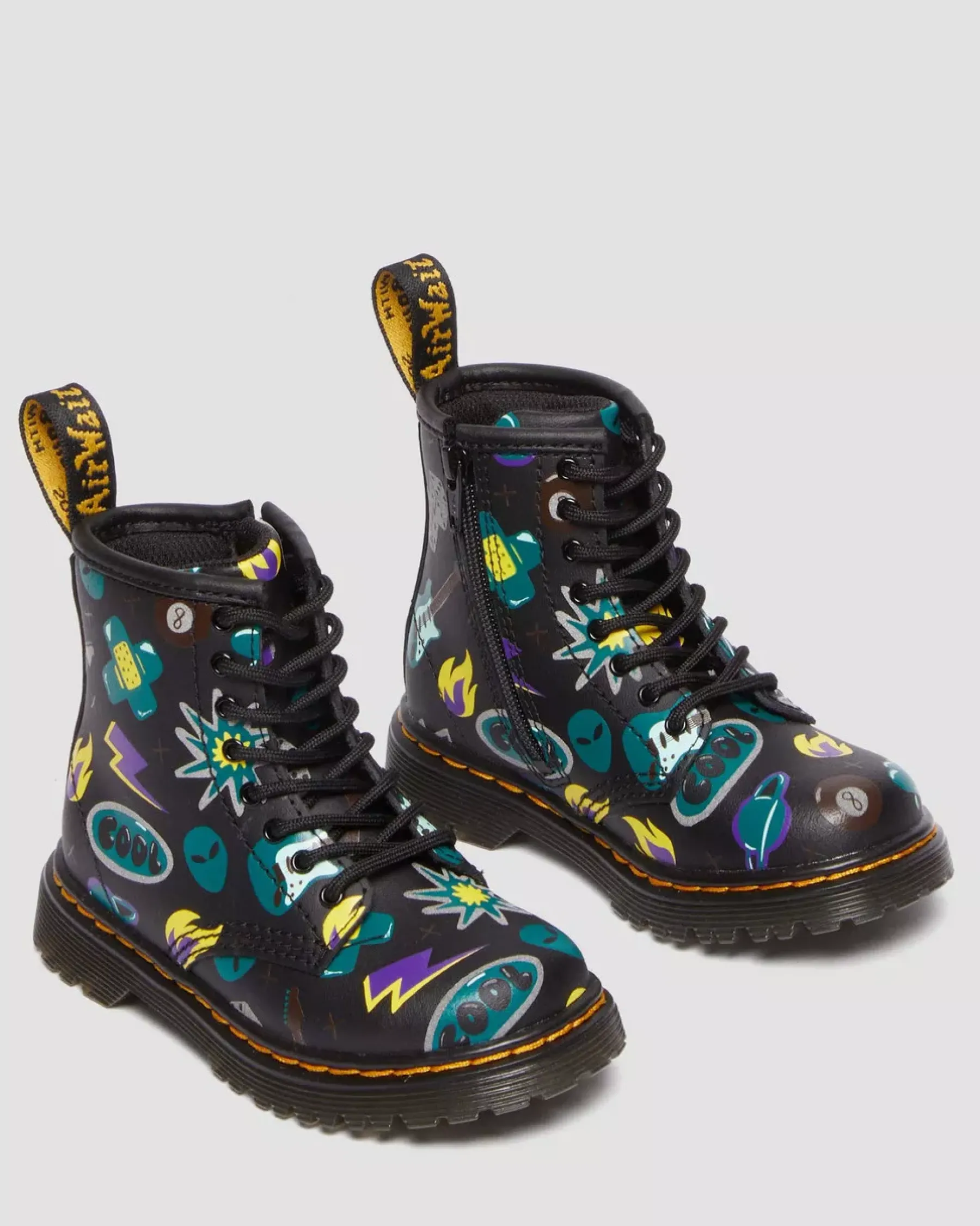 Sale|Toddler / 2-4 Years>Dr. Martens Toddler 1460 Sticker Print Leather Lace Up Boots BLACK — Sticker Print Hydro