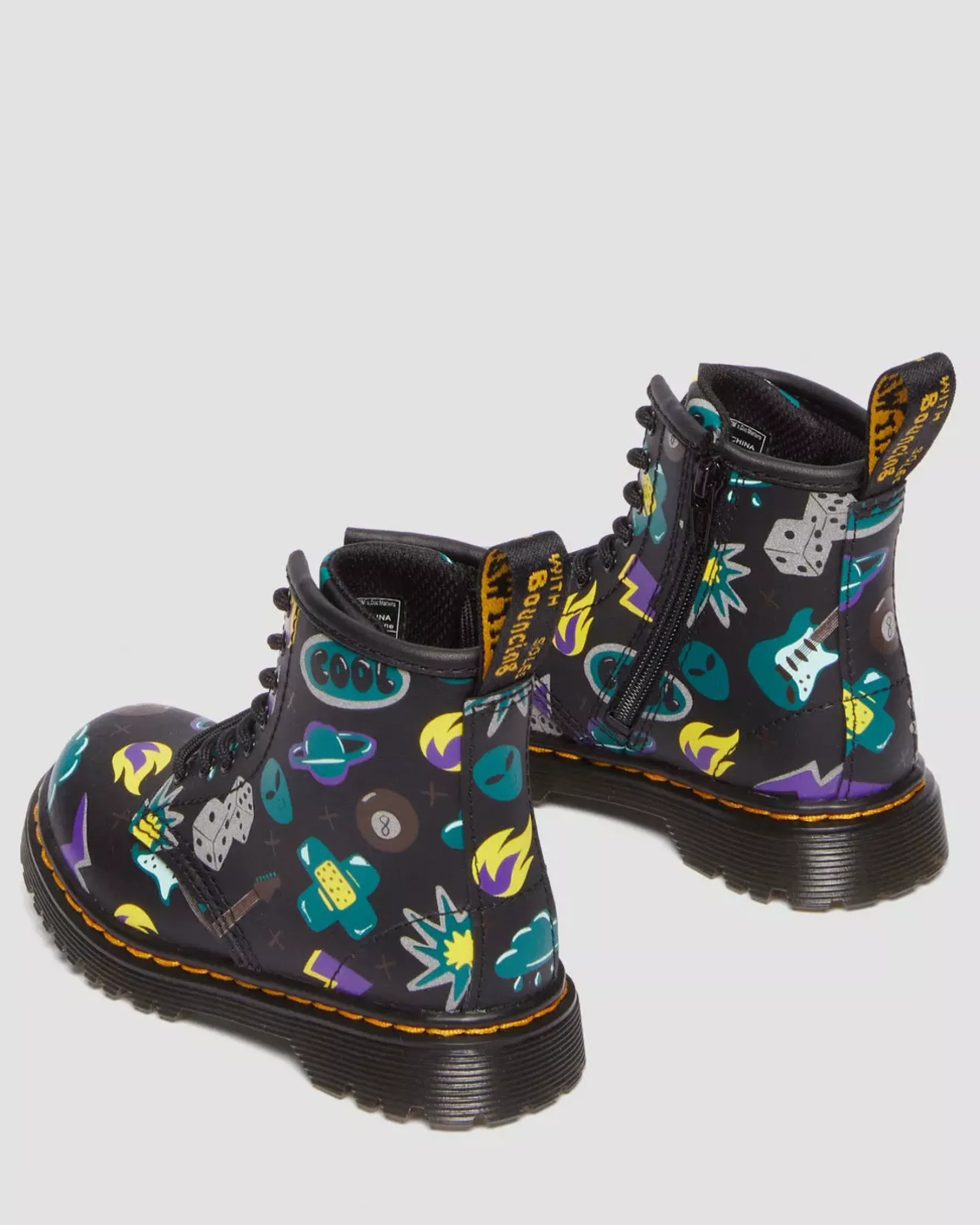 Sale|Toddler / 2-4 Years>Dr. Martens Toddler 1460 Sticker Print Leather Lace Up Boots BLACK — Sticker Print Hydro