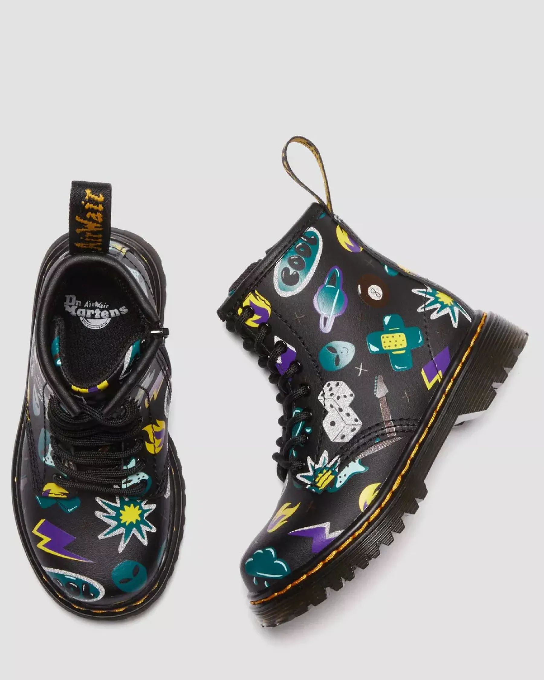Sale|Toddler / 2-4 Years>Dr. Martens Toddler 1460 Sticker Print Leather Lace Up Boots BLACK — Sticker Print Hydro