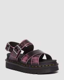 Platforms|Platform Sandals>Dr. Martens Voss II Distressed Leather Platform Sandals Black+Fondant Pink — Two Tone Rub Off