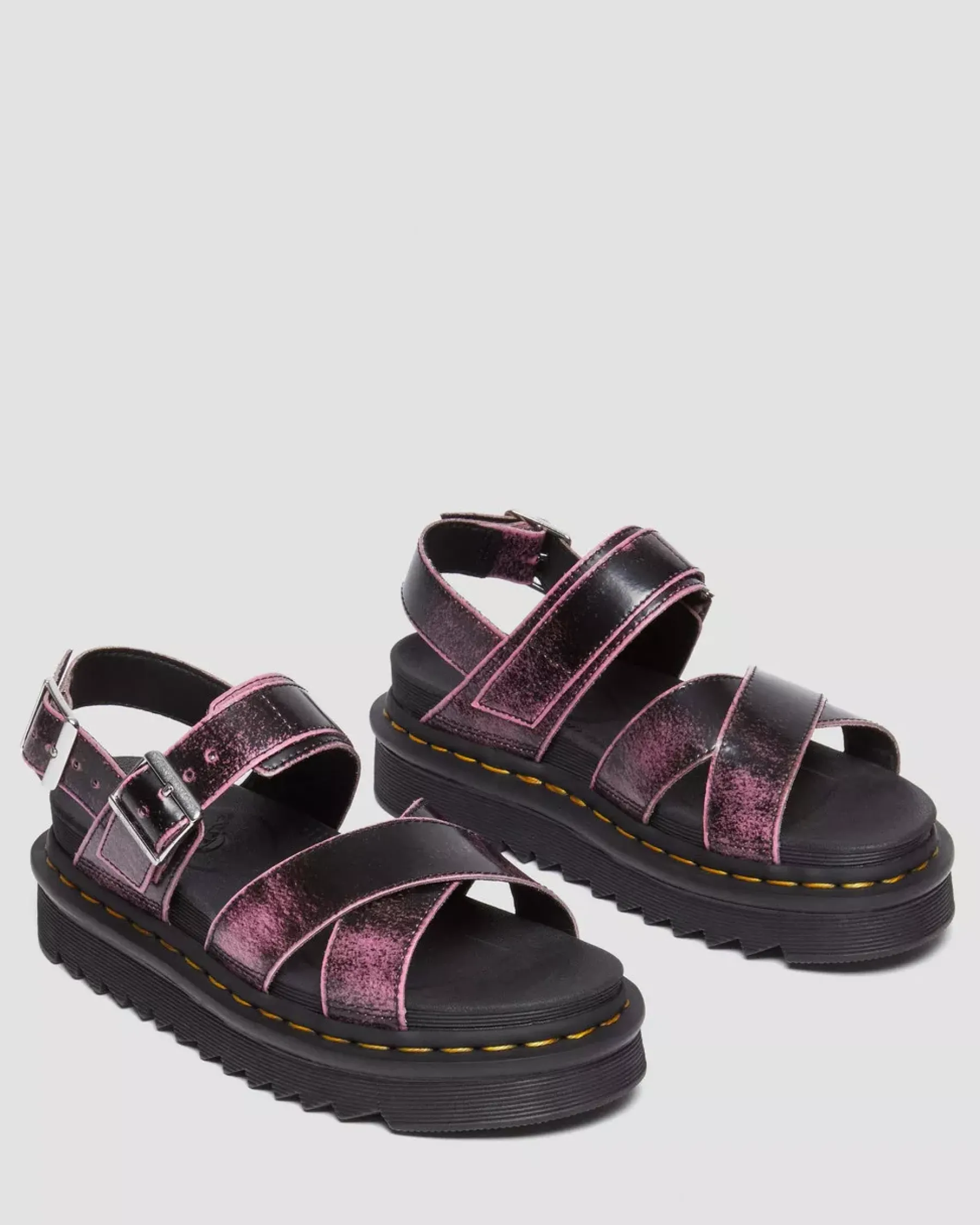 Platforms|Platform Sandals>Dr. Martens Voss II Distressed Leather Platform Sandals Black+Fondant Pink — Two Tone Rub Off