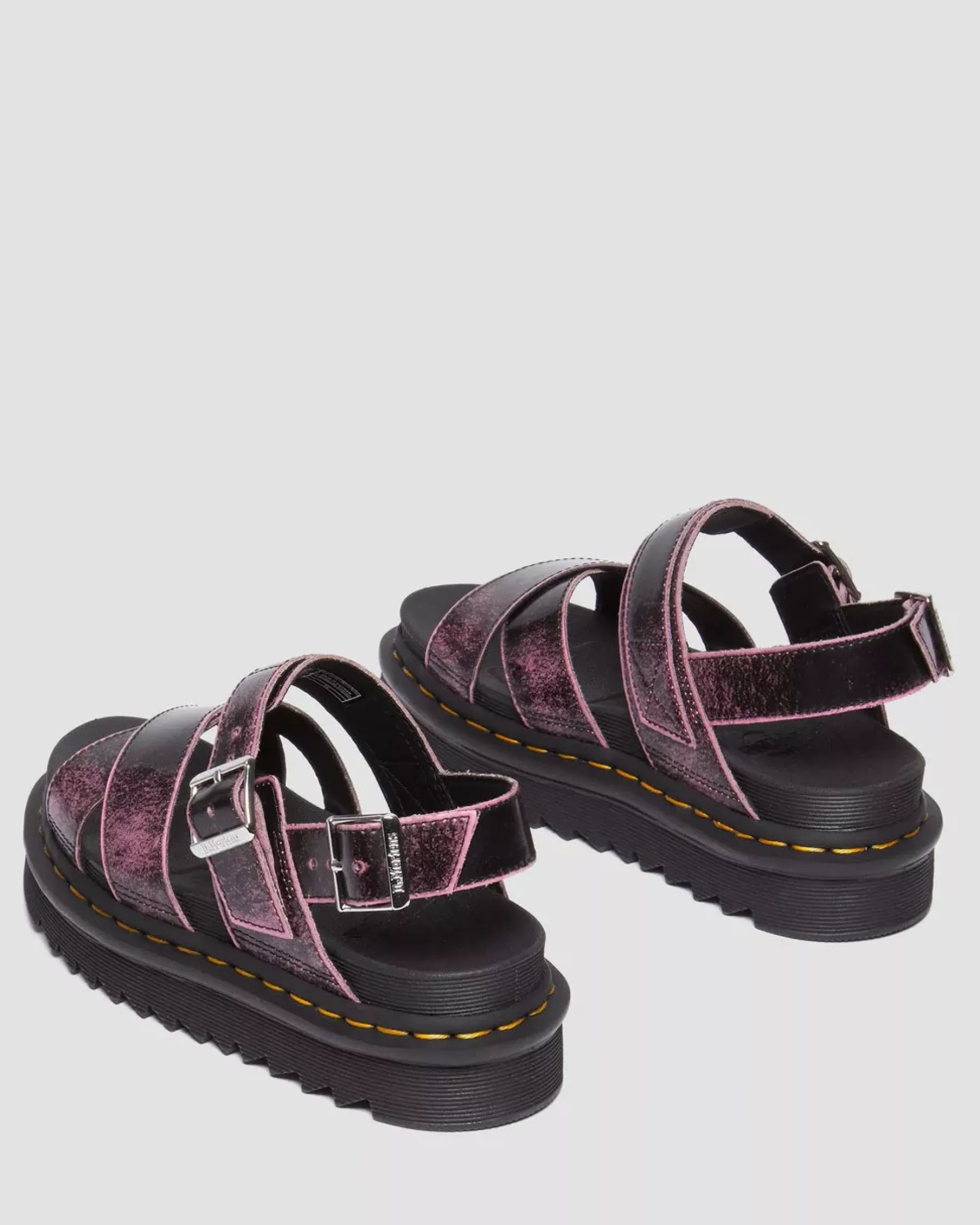 Platforms|Platform Sandals>Dr. Martens Voss II Distressed Leather Platform Sandals Black+Fondant Pink — Two Tone Rub Off