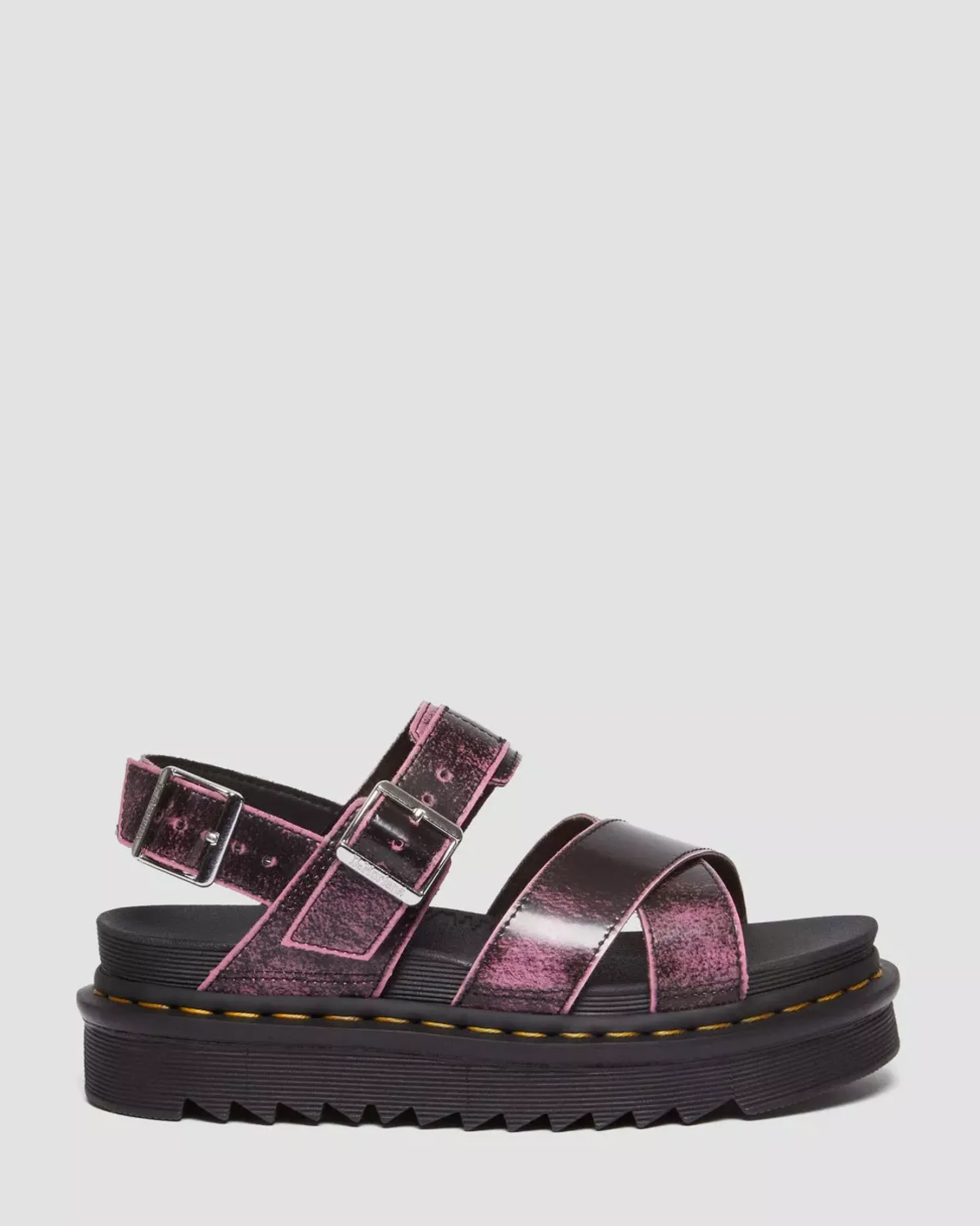 Platforms|Platform Sandals>Dr. Martens Voss II Distressed Leather Platform Sandals Black+Fondant Pink — Two Tone Rub Off
