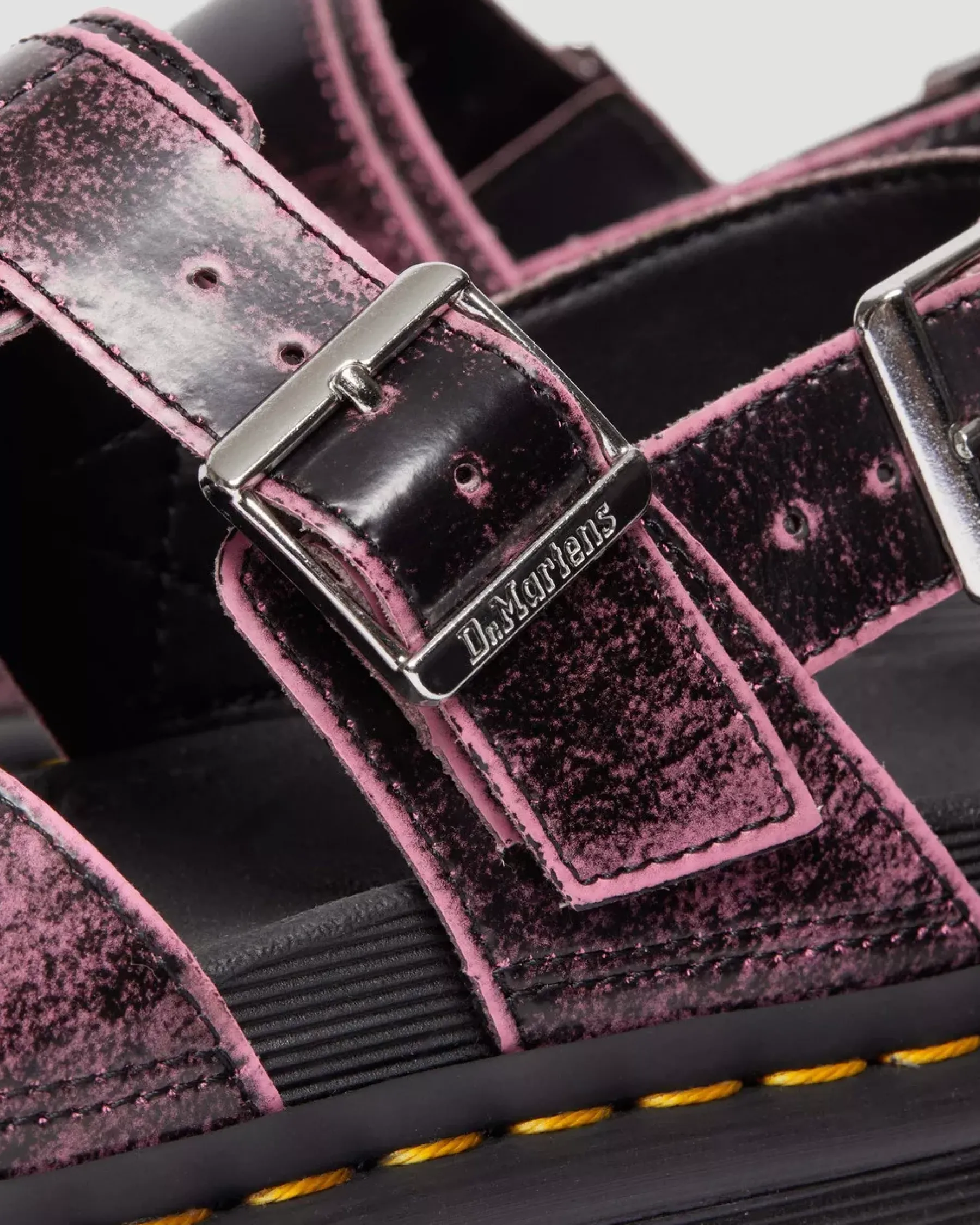Platforms|Platform Sandals>Dr. Martens Voss II Distressed Leather Platform Sandals Black+Fondant Pink — Two Tone Rub Off