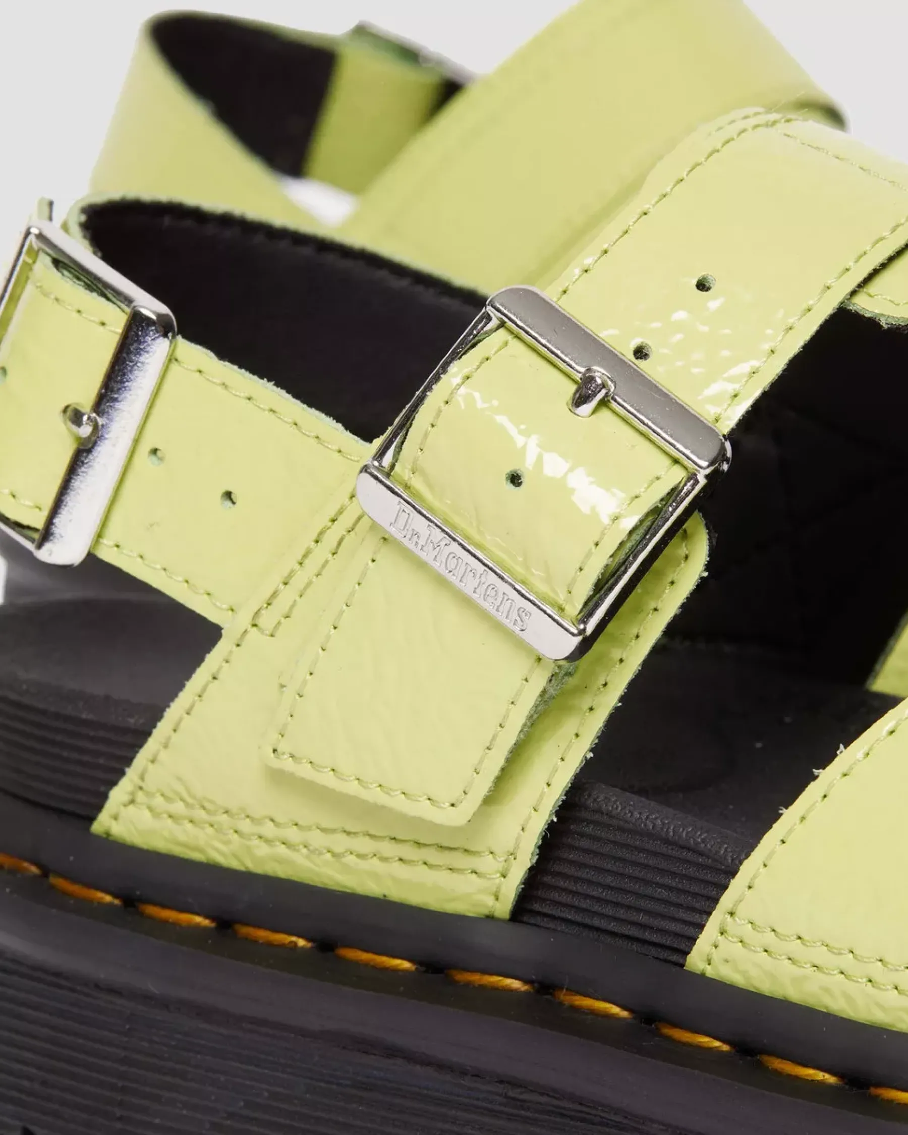 Platform Sandals|Strap Sandals>Dr. Martens Voss II Distressed Patent Leather Sandals Lime Green — Distressed Patent