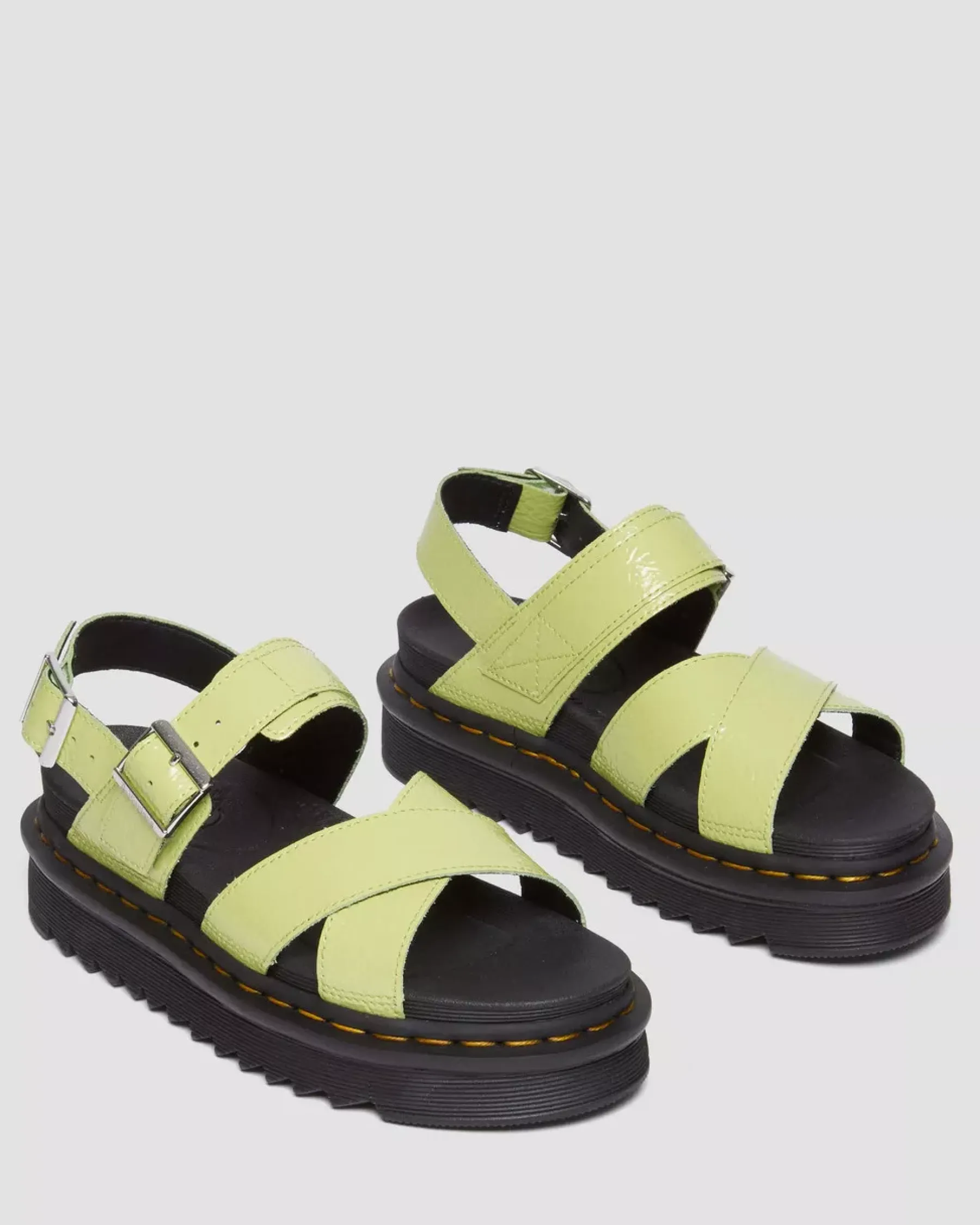 Platform Sandals|Strap Sandals>Dr. Martens Voss II Distressed Patent Leather Sandals Lime Green — Distressed Patent