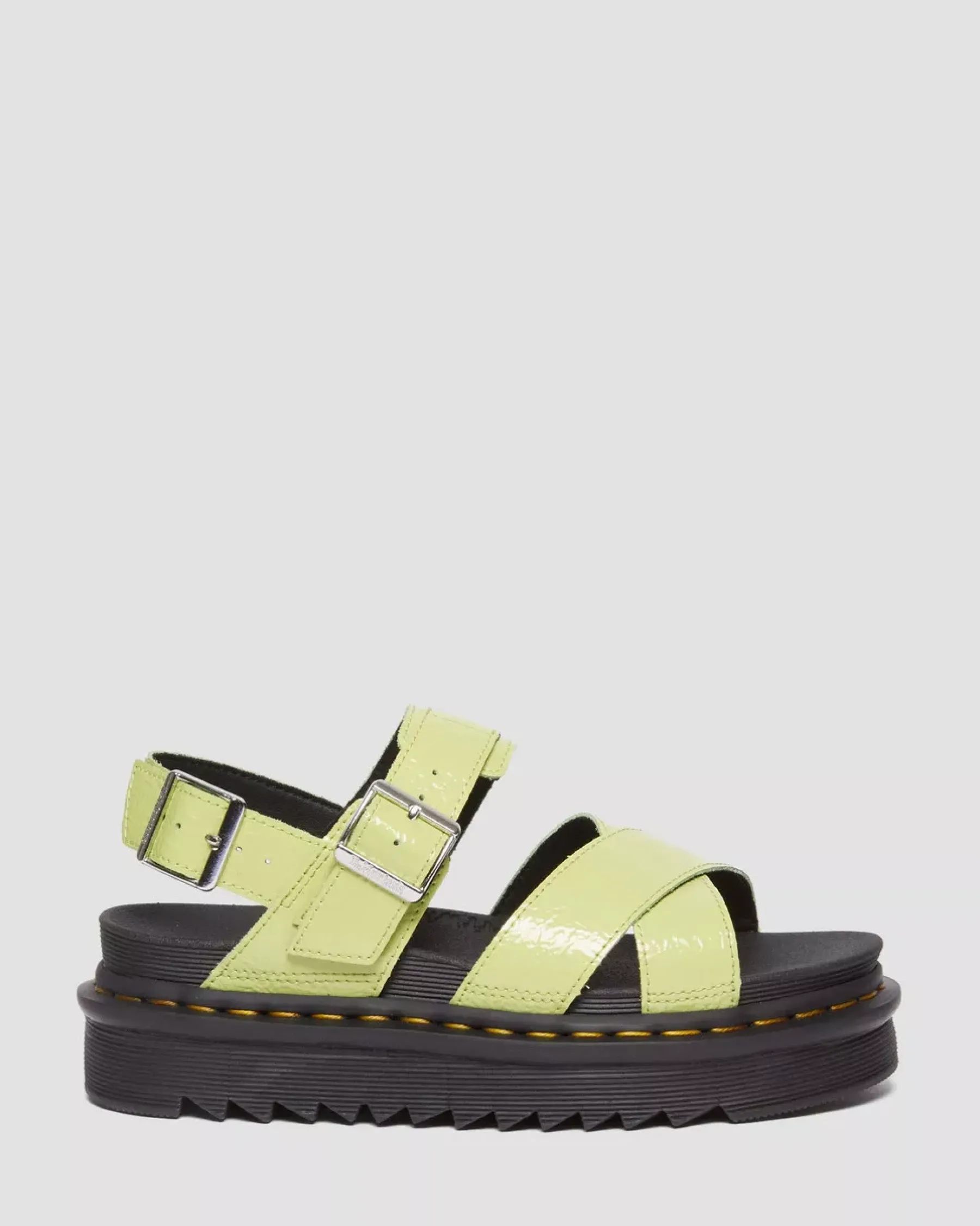 Platform Sandals|Strap Sandals>Dr. Martens Voss II Distressed Patent Leather Sandals Lime Green — Distressed Patent