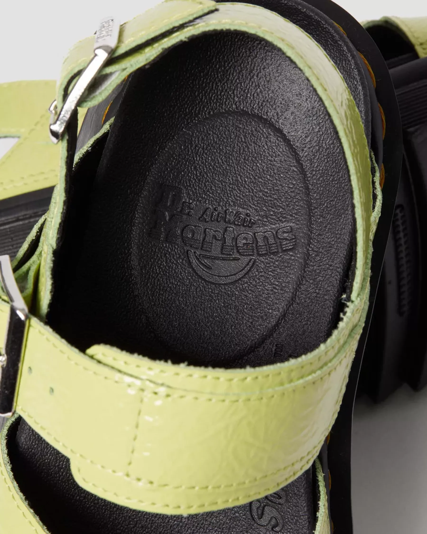 Platform Sandals|Strap Sandals>Dr. Martens Voss II Distressed Patent Leather Sandals Lime Green — Distressed Patent