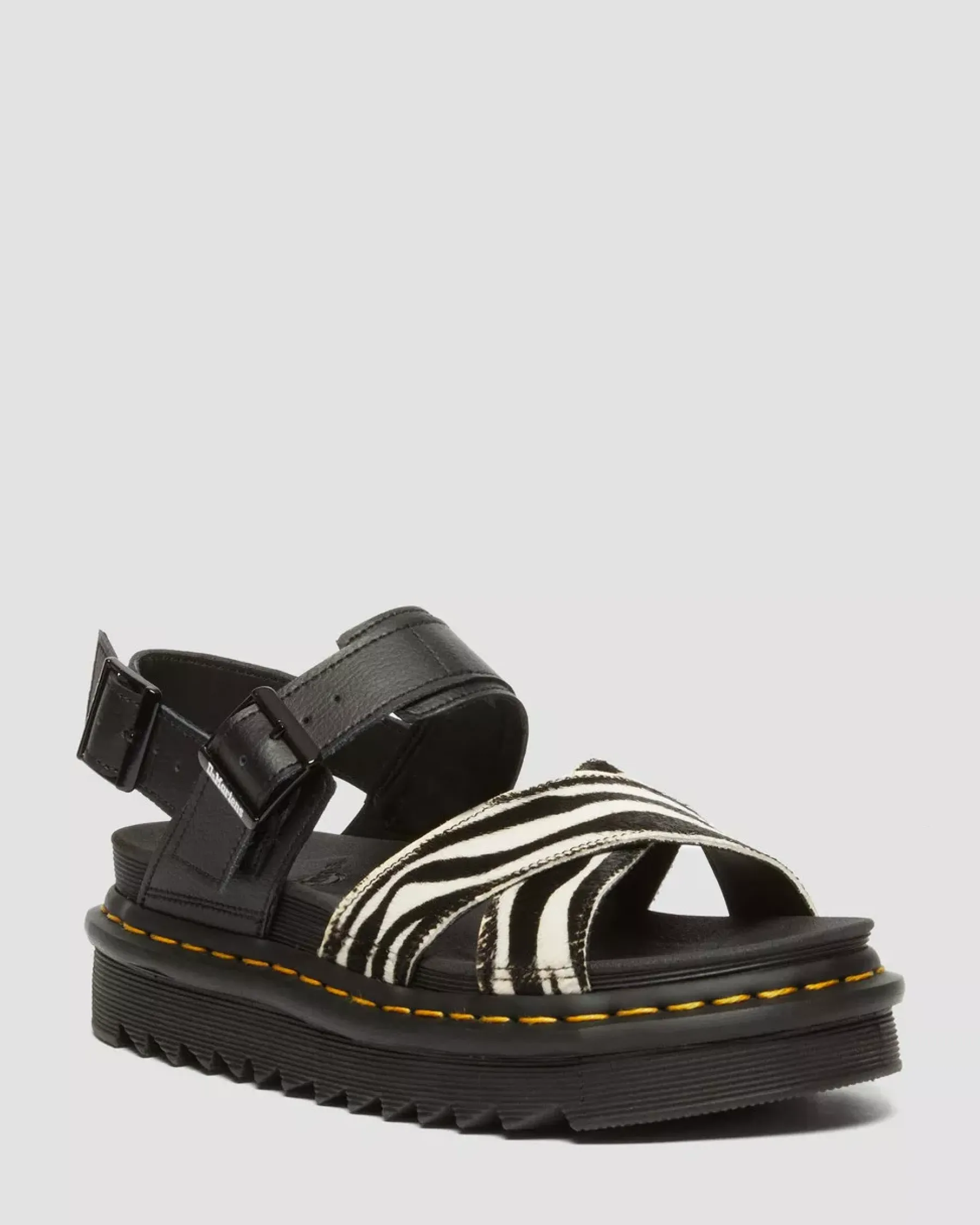 Platforms|Sandals>Dr. Martens Voss II Hair-On Zebra Print Sandals BLACK+COW PRINT