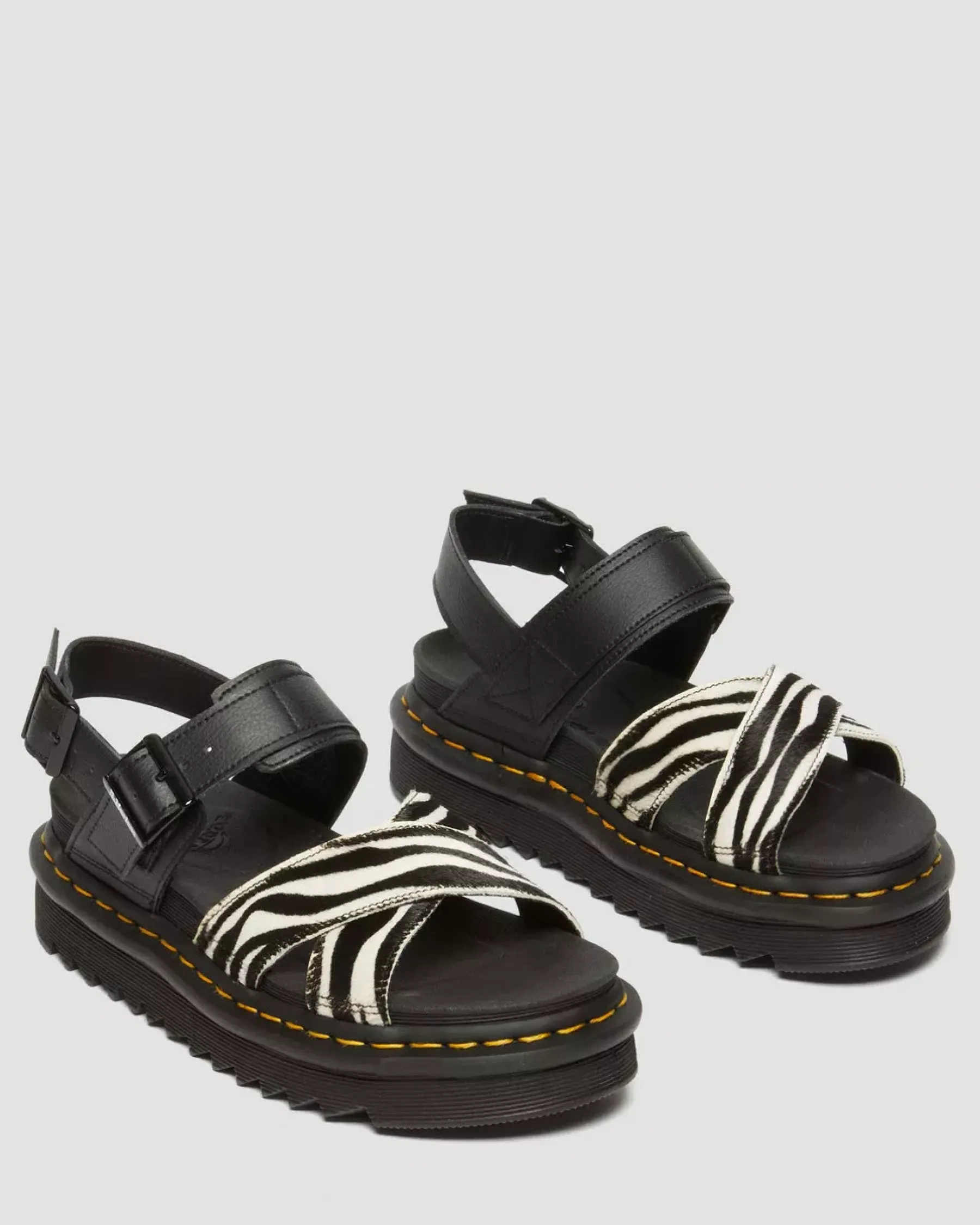 Platforms|Sandals>Dr. Martens Voss II Hair-On Zebra Print Sandals BLACK+COW PRINT